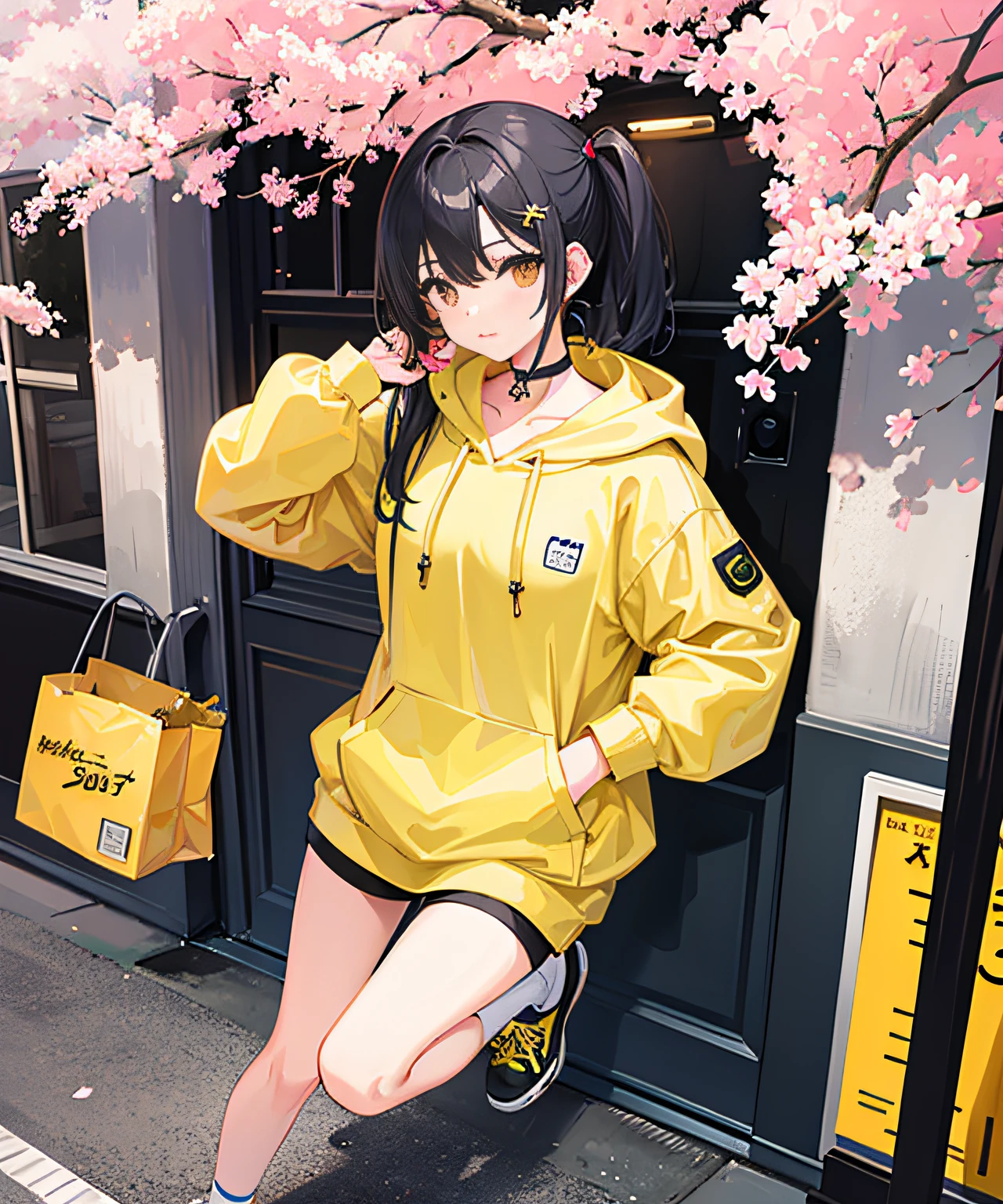 Masterpiece,1girll,long leges,Full body photo,Solo,unbelievable Ridiculous,Yellow hoodie,Earphone, street,exteriors,the street,rainbowing,the cherry trees,SakuraNS