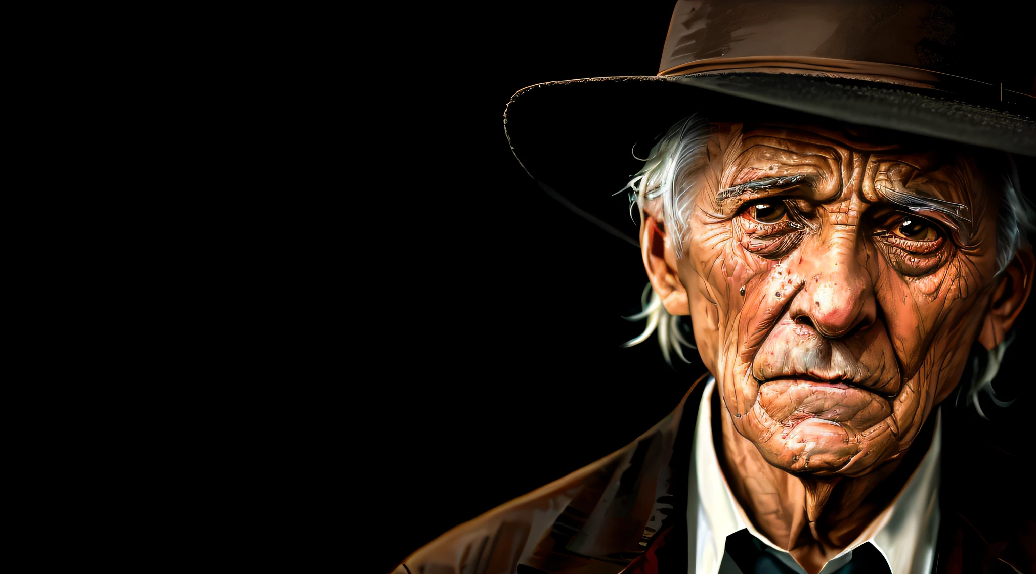Older man with white hair wearing a hat and a suit, retrato do cowboy, cowboy retrato masculino, Retrato de um cowboy, foto de retrato, color photograph portrait 4k, retrato do homem velho, pintura digital ultra realista, 8k artistic portrait photography, arte digital altamente realista, foto de retrato em close-up, O olhar de um idoso, retrato ultra detalhado, pintura digital hiper-realista