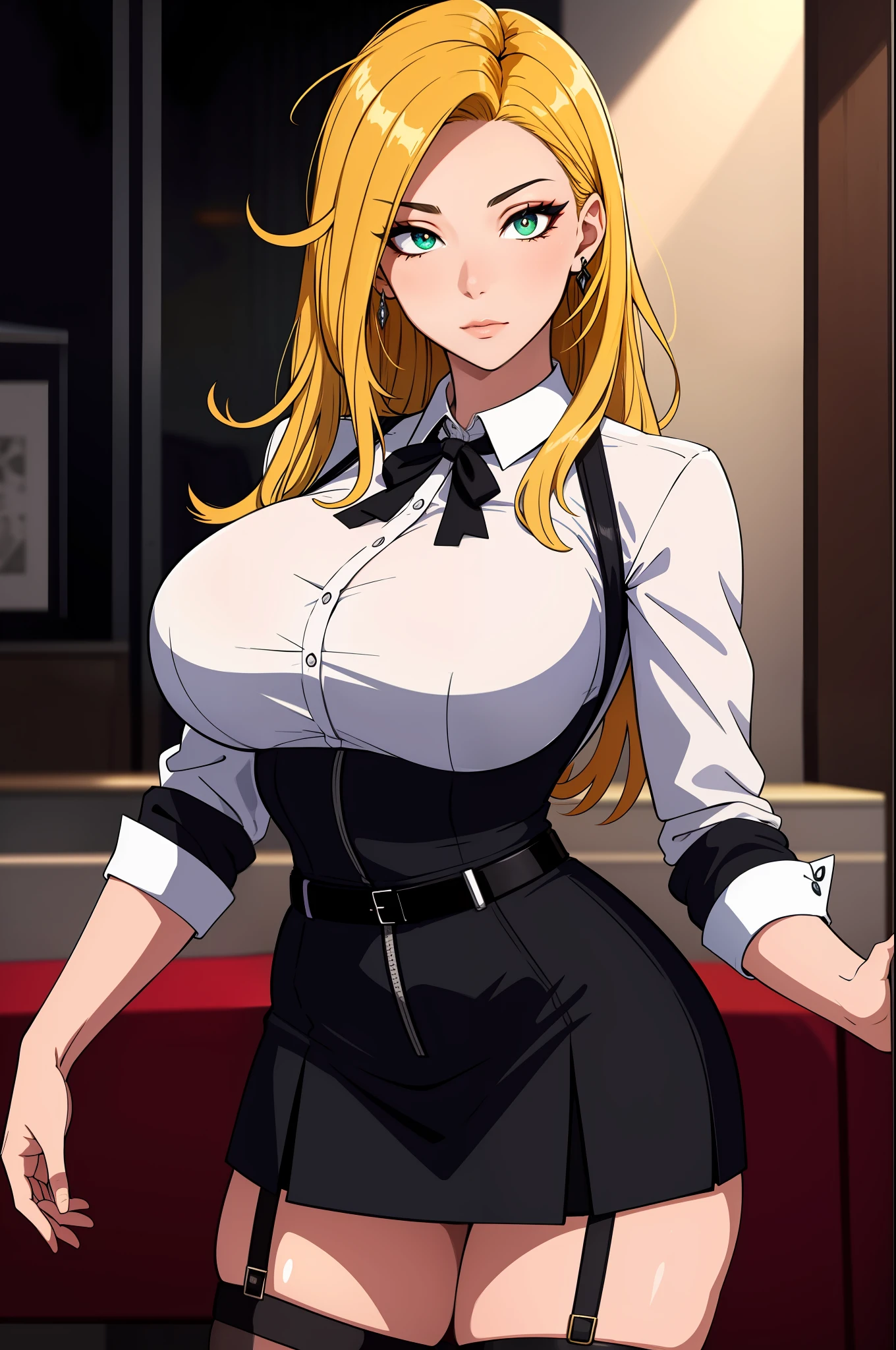 （tmasterpiece，A high resolution，best qualtiy：1.2），8K，highly  detailed，复杂，rich colourful，vibrant image，Clear focus，cinematic ligh） blond hairbl，long whitr hair，Green eyes，body builder （Wear black business attire，black_Collared shirt cropped jacket，tiese，tiese，Black frilled skirt，a garter belt，Leather belt） （Large, Perfect round breasts，Hourglass body，Big breasts Thin waist，Very thin waist， photograph realistic，（hyper realisitc：1）big breasts beautiful， tmasterpiece，Best quality at best，extremelydetailedface，s the perfect face，beauitful face，Perfect lighting，Detailed eye makeup，Details of the face，Nice detail eyes，pretty hand，perfect hand，glowing light eyes（realistic pupil，Realistic iris：1）Heavy eye makeup，（empty Casino）（Posing dynamically）pantiess