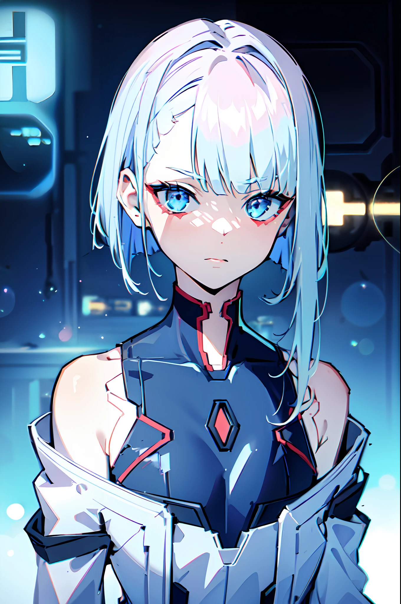 1girl, (solo:1.2), ((masterpiece)), slim, small chest, pale skin, ((detailed eyes)), (bokeh effect), short hair, white hair, blue hair, blue eyes, interior