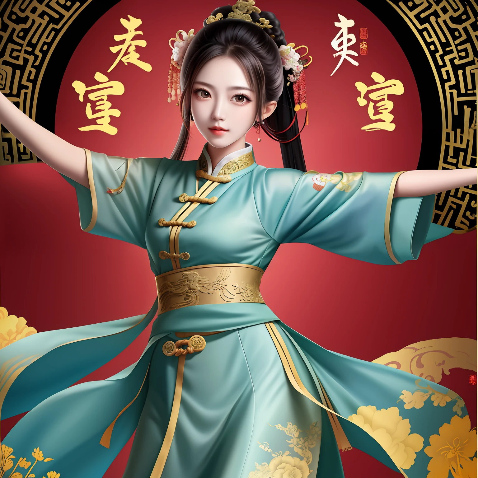 Mulher chinesa em traje de kung fu, moviento artes marciais, templo shaolin ao fundo,