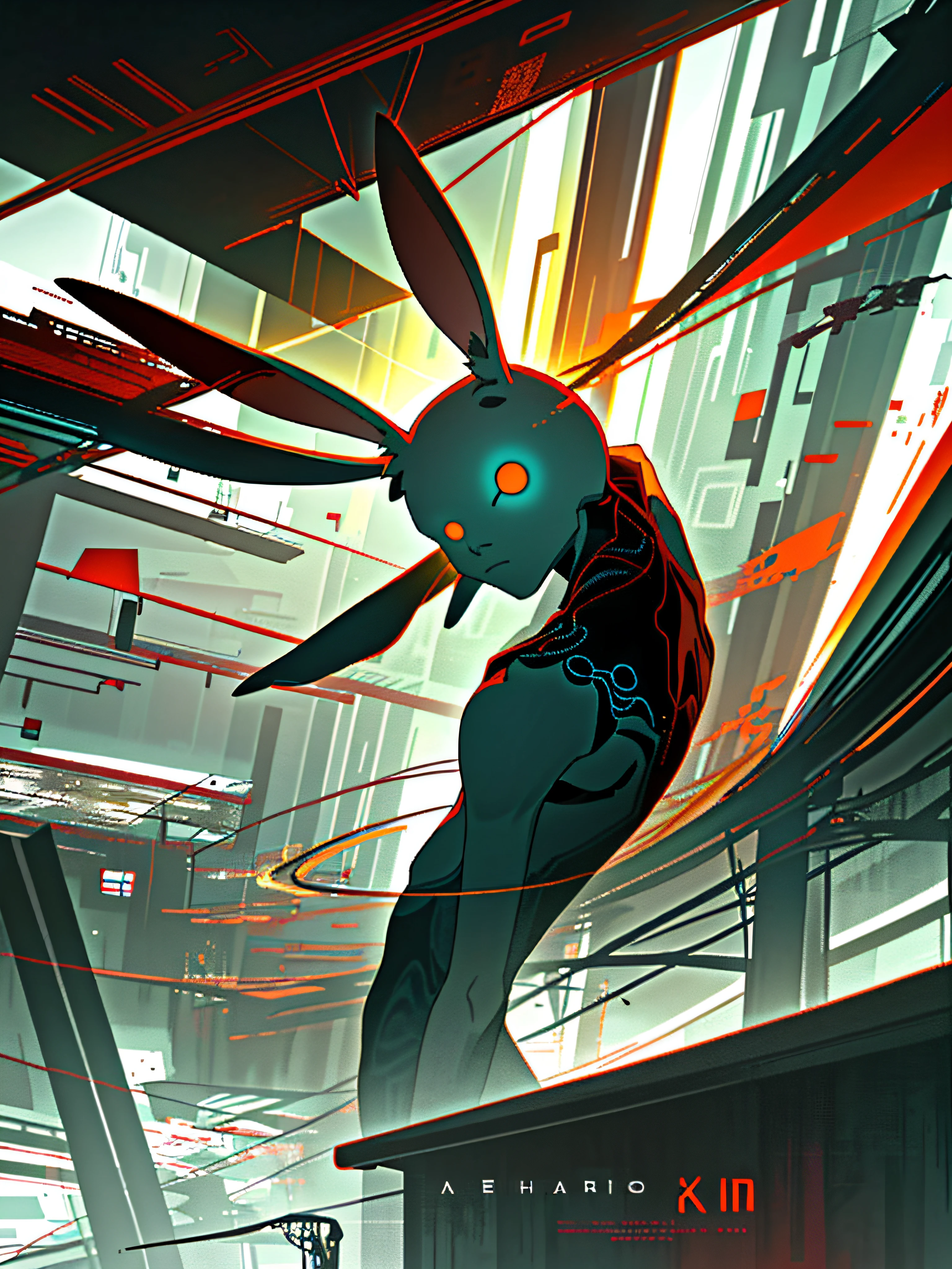 (blame! style abandoned tech landscape), (Zen, Amy Sol style), (underground, dark, foggy, perilous, abandoned dystopian apartment bedroom, deep windows), (abstract anthro rabbit figure wearing bunny ears), cover art with light abstraction, abstract, simple vector art, contemporary Cybernetic art, color gradients, soft color palettes, layered forms, whimsical animation, style Ethereal abstract, 4K, --v6