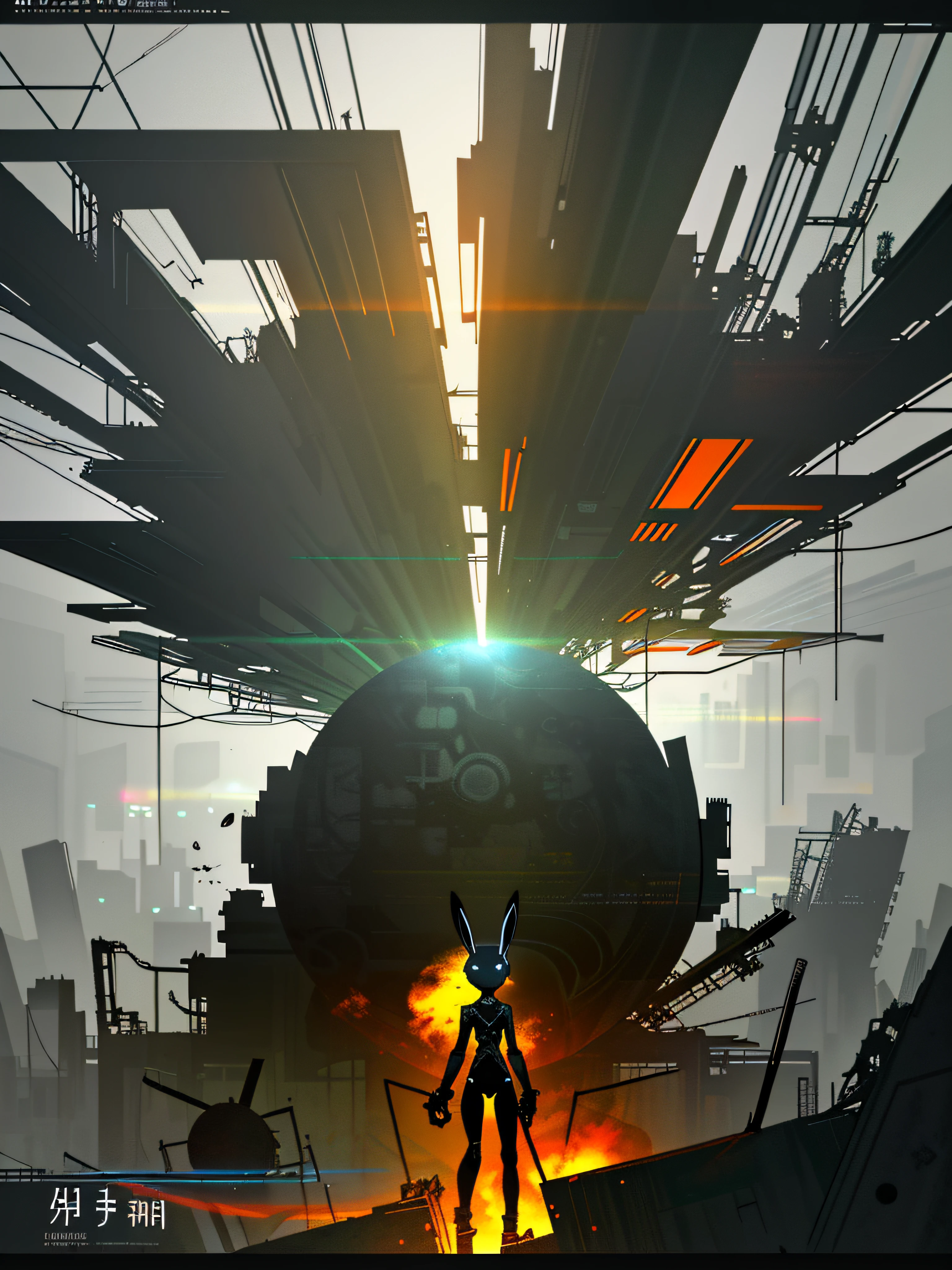 (blame! style abandoned tech landscape), (Zen, Amy Sol style), (underground, dark, foggy, perilous, abandoned dystopian apartment bedroom, deep windows), (abstract anthro rabbit figure wearing bunny ears), cover art with light abstraction, abstract, simple vector art, contemporary Cybernetic art, color gradients, soft color palettes, layered forms, whimsical animation, style Ethereal abstract, 4K, --v6
