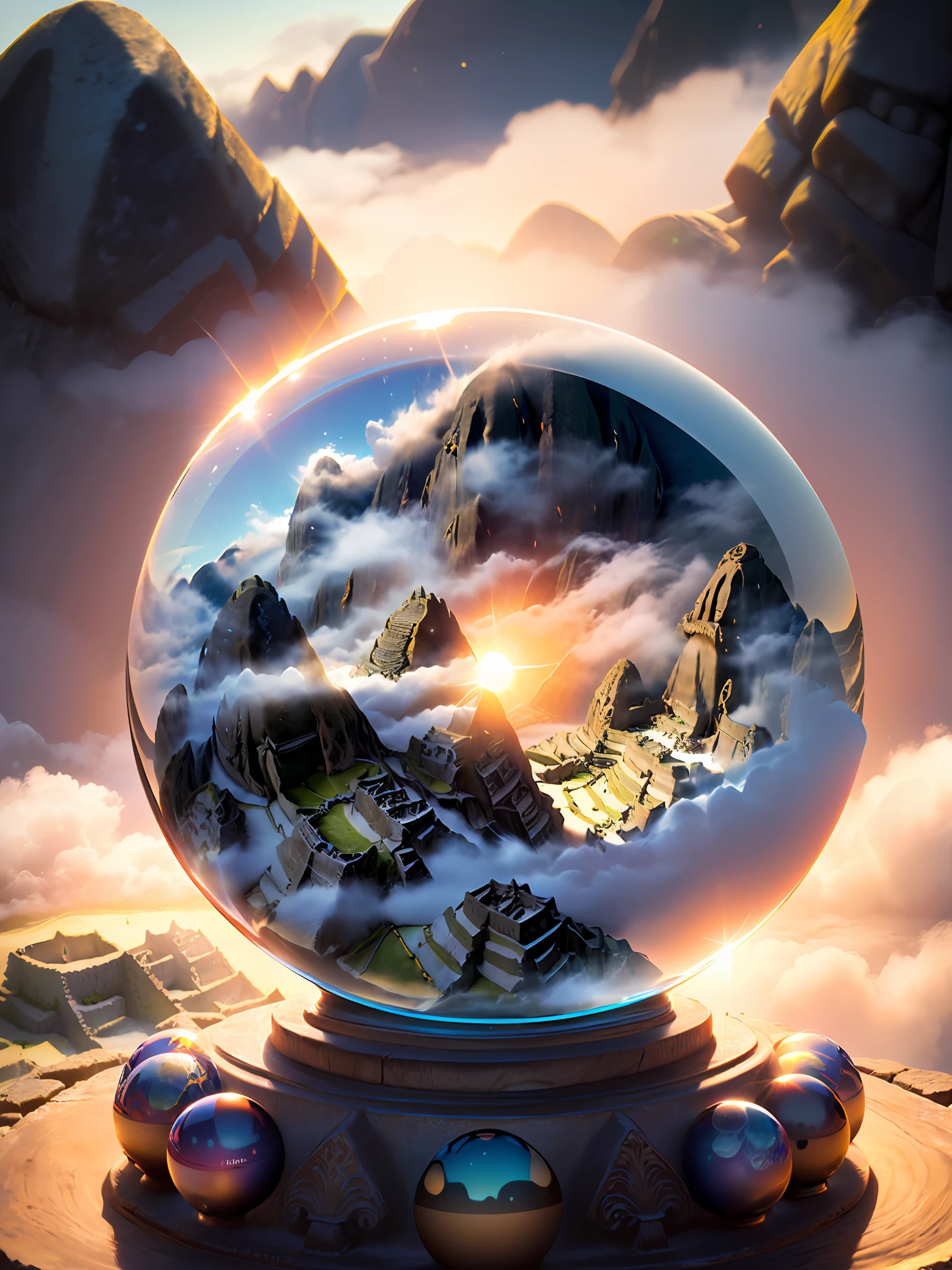 Hyper-realistic、16K High Resolution、(Maximum Sharp Focus:1.3)、(Maximum Close-up:1.5)、(Single crystal ball with pedestal on table:1.4)、(Large bokeh background、blue back light:1.3) 、(World Heritage Site、Machu Picchu、sunrises、White fog:1.5)
