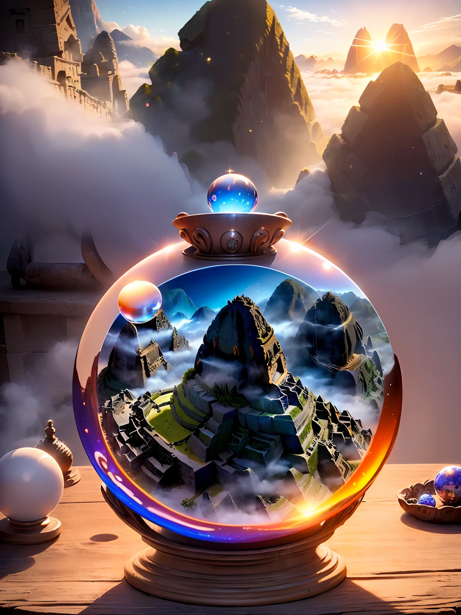 Hyper-realistic、16K High Resolution、(Maximum Sharp Focus:1.3)、(Maximum Close-up:1.5)、(Single crystal ball with pedestal on table:1.4)、(Large bokeh background、blue back light:1.3) 、(World Heritage Site、Machu Picchu、sunrises、White fog:1.5)