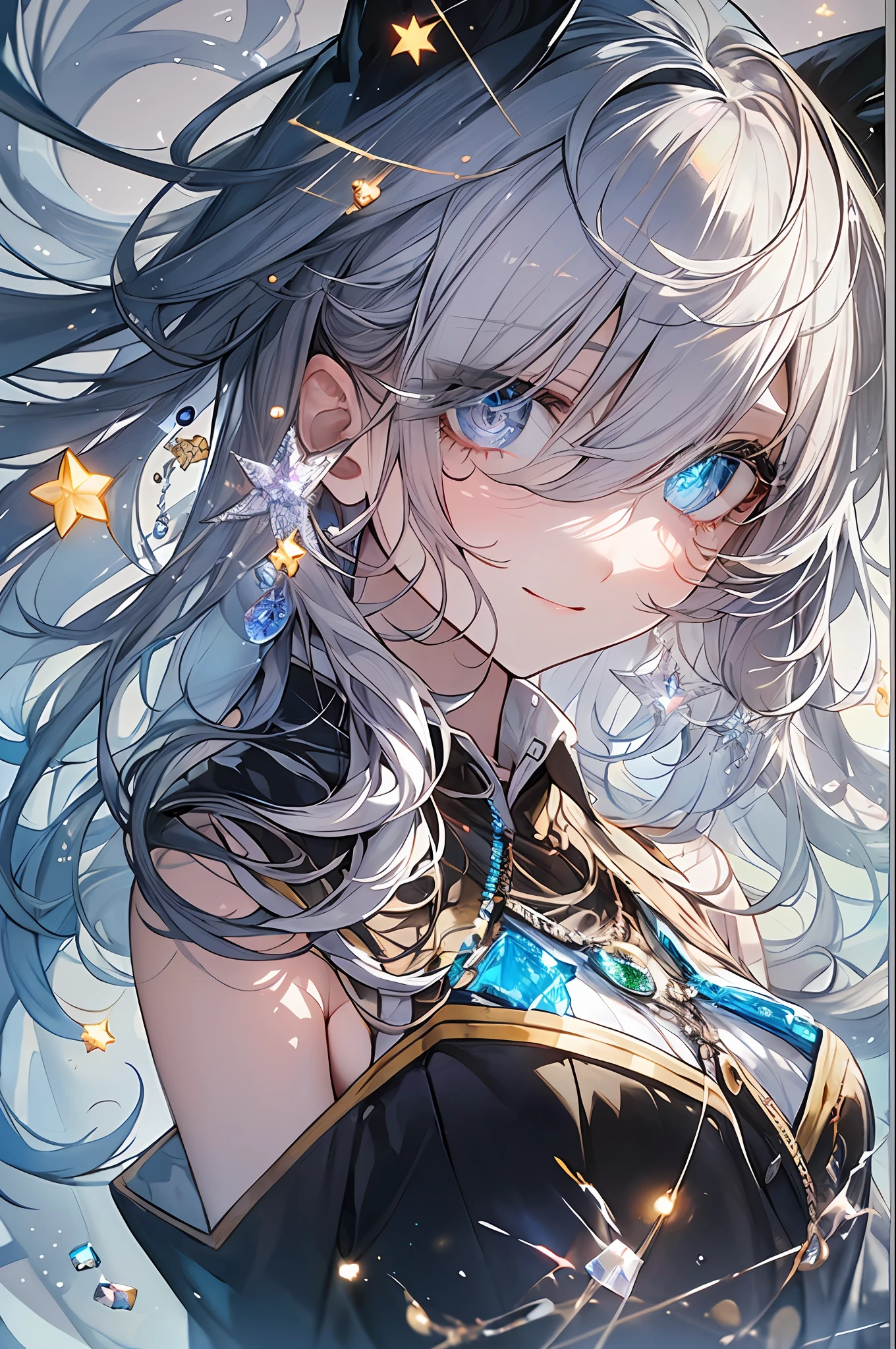 ((masterpiece、top-quality、Watercolor art(Pendants)、Official art、Beautifully Aesthetic:1.2))、(the golden ratio:1.2)、(ultra-detailliert:1.3)、(1girl in:1.3)、(Fractal Art:1.3)、full body Esbian、((Glitter pupils))、patterns、((rainbow-colored hair、colourful hair、Half light blue and half blue hair:1.2))、colourfull、Writing、(heterochromia iridis)、(colourfull:1.5)、((Shy face))、(Hyper-detailing), ((delicate detail)), (intricate detailes), ((ciinematic light, best quality backlight)), highcontrast, ((The best lighting, extremely delicate and beautiful)), ((ciinematic light))、(ray trace reflection、brilliance)、((glowing aura))、((Radiant hair))、((The ultra-detailliert))、((8K))、((write))、Delicate beautiful face and eyes,Focus on Face, masterpiece,Shock sensation、(realisitic:0.5)、Original 2 High Saturation、((Neat and clean woman))、((night sky full of stars))、(((Shining eyes:2))),(((Crystal pupil:1.3))),(((Big eyes:1.3)))、(((Crystals in the eye:1.5))), absurderes, superfine illustration, Best Quality, extremely cute and beautiful girl, Very detailed and very beautiful adult big smiling face:1.2, ;D, Face up, Beautiful Growing Crystal Diamond Brown Star Pupil, look at viewr, Face Fox, Beautiful detailed** Black **hair:1.2, Solo, Beautiful detailed **Black and silver** ribon, Beautiful detailed **Black** ((High School Uniform)), Fantastic and shining wide rainbow with circles, shooting stars and strong wind、Night and rainbow shooting stars, Magic Circle:1,2 of the detailed background