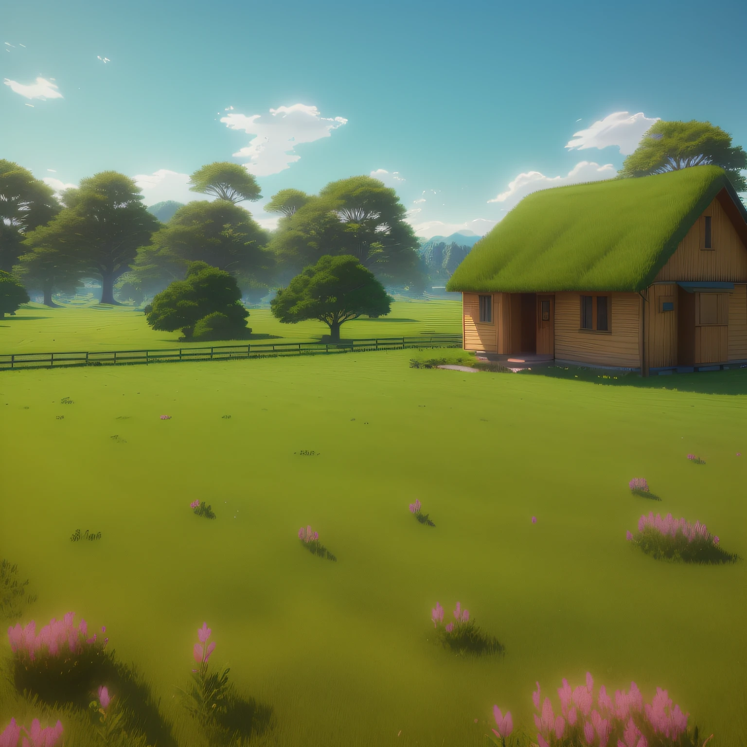 There is a small house in the field，Green roof, anime countryside landscape, stylized 3d render, 3 d stylize scene, stylized as a 3d render, rendered in unity 3 d, 3 d render stylized, animation style render, daylight made in blender, rendered in unreal engine 3d, realistic establishing shot, rendered in maya