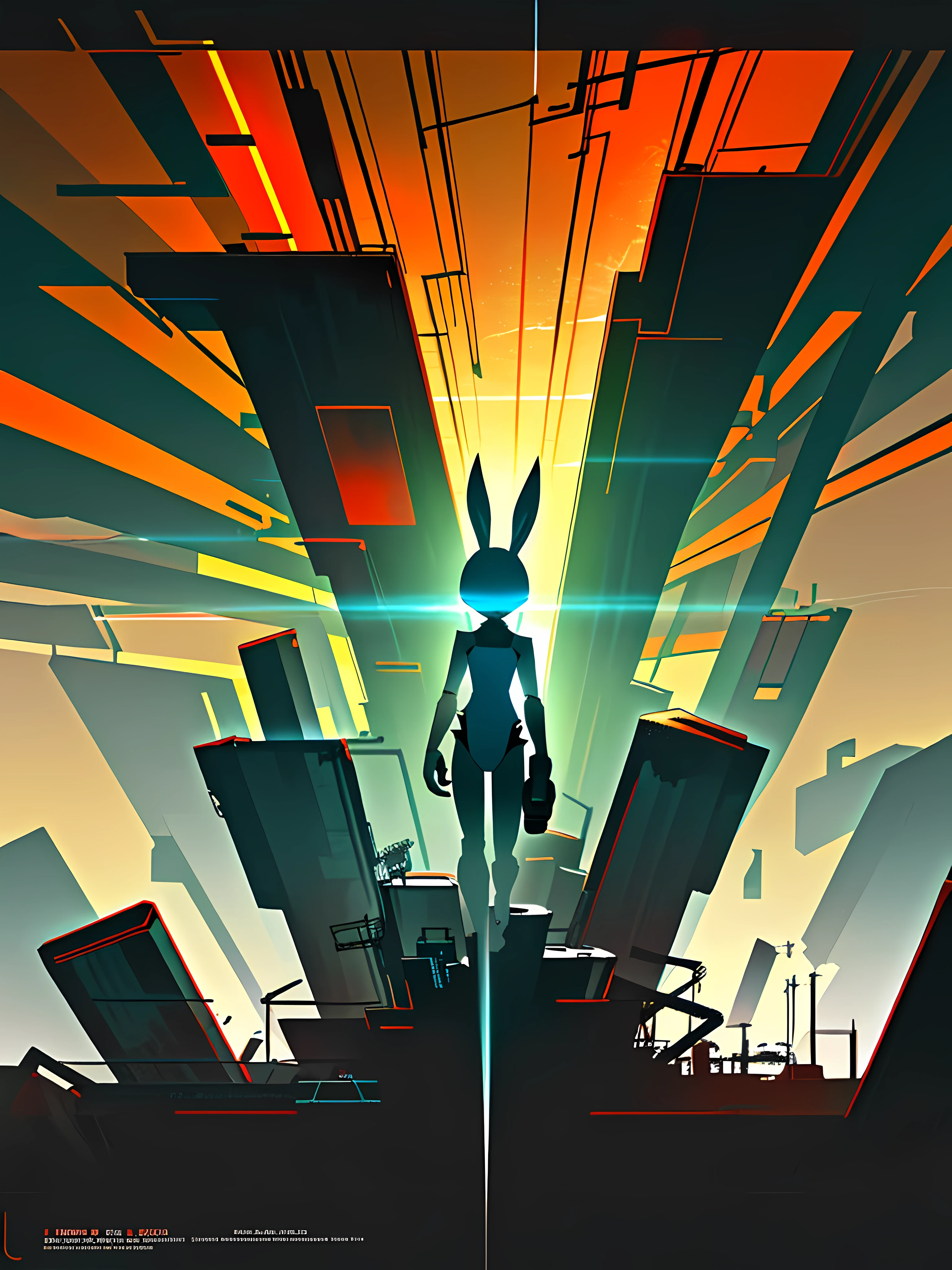 (blame! style abandoned tech landscape), (Zen, Amy Sol style), (underground, dark, foggy, perilous, abandoned dystopian apartment bedroom, deep windows), (abstract anthro rabbit figure wearing bunny ears), cover art with light abstraction, abstract, simple vector art, contemporary Cybernetic art, color gradients, soft color palettes, layered forms, whimsical animation, style Ethereal abstract, 4K, --v6