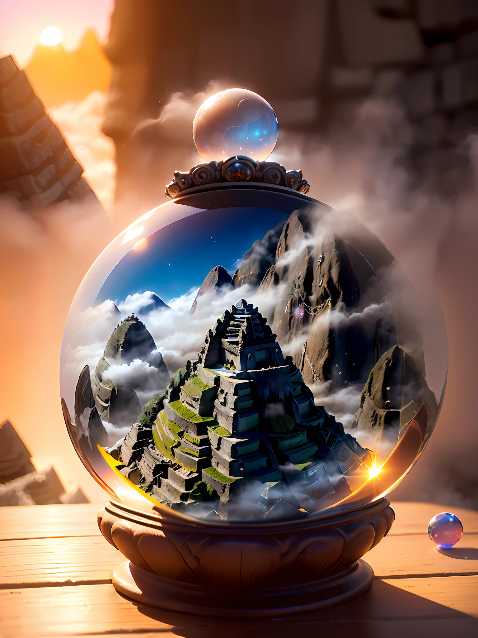 Hyper-realistic、16K High Resolution、(Maximum Sharp Focus:1.3)、(Maximum Close-up:1.5)、(Single crystal ball with pedestal on table:1.4)、(Large bokeh background、blue back light:1.3) 、(World Heritage Site、Machu Picchu、sunrises、White fog:1.5)