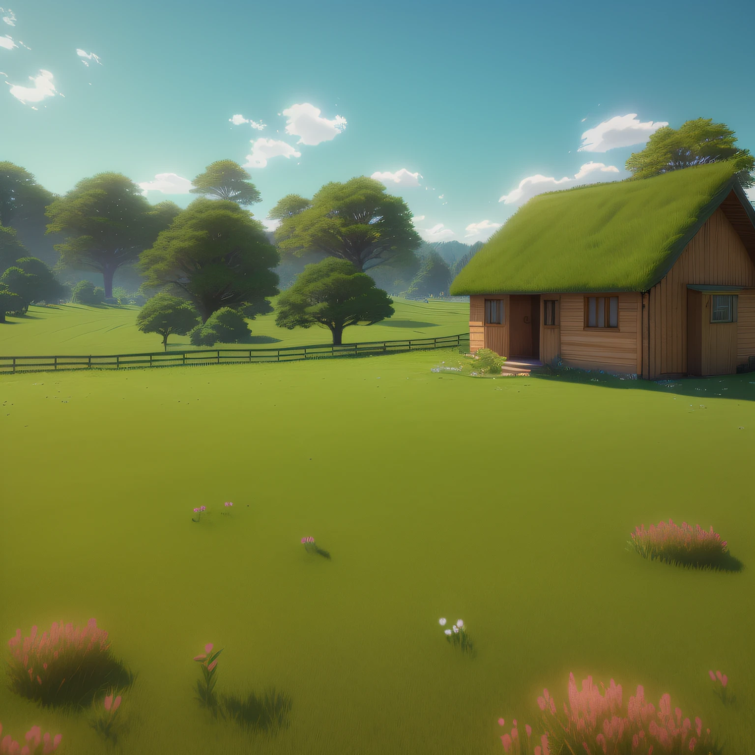 There is a small house in the field,Green roof, anime countryside landscape, stylized 3d render, 3 d stylize scene, stylized as a 3d render, rendered in unity 3 d, 3 d render stylized, animation style render, daylight made in blender, rendered in unreal engine 3d, realistic establishing shot, rendered in maya