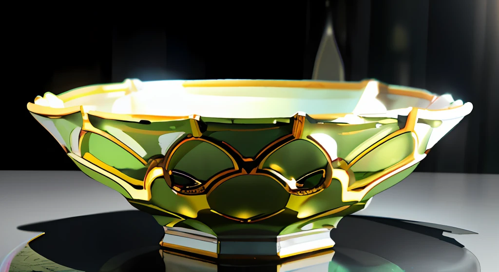 There is a green bowl,It has gold decorations on it, designed in blender, made of glowing wax and ceramic, volumetric lighting”, 3 d metallic ceramic, Supergianthugebreasts, high quality rendering, Ray—Traced lighting, rendered in keyshot, ray traced lighting, volumetric lighting iridescence, cinema 4d ray traced, 8 k 3 d render ray traceing