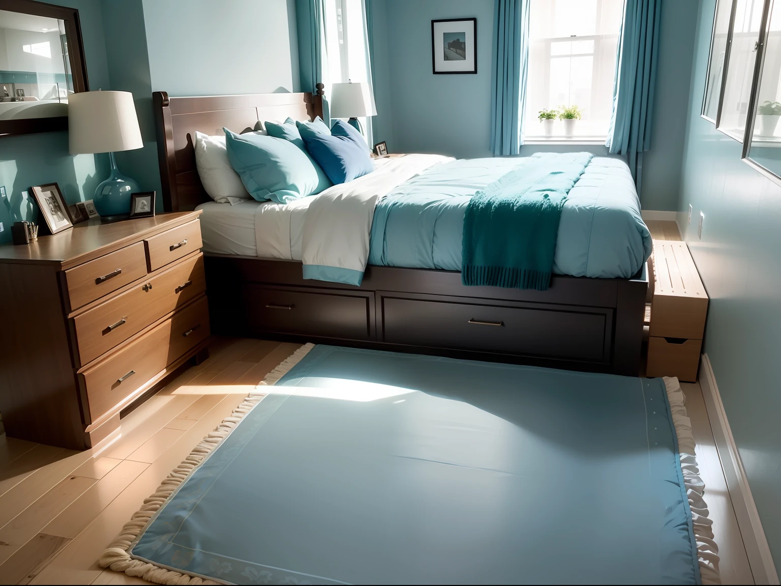 retrofuturism interior design,
glossy cerulean color scheme
,
Bedroom - A cozy and comfortable room that features a queen-sized bed with a luxurious comforter and fluffy pillows. The walls are painted a warm and inviting color, while soft lighting creates a relaxing ambiance. A dresser and nightstand made of natural wood complete the look, providing a space to store personal belongings.