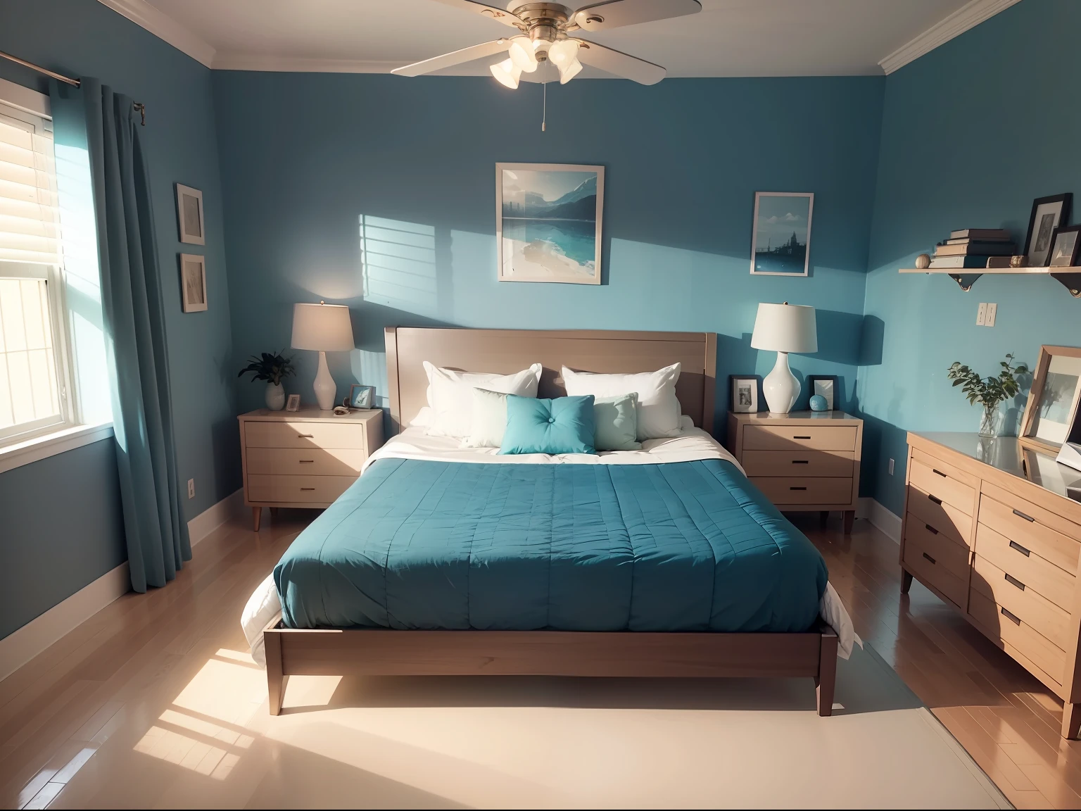 retrofuturism interior design,
 glossy cerulean color scheme
, 
 
Bedroom - A cozy and comfortable room that features a queen-sized bed with a luxurious comforter and fluffy pillows. The walls are painted a warm and inviting color, while soft lighting creates a relaxing ambiance. A dresser and nightstand made of natural wood complete the look, providing a space to store personal belongings.
