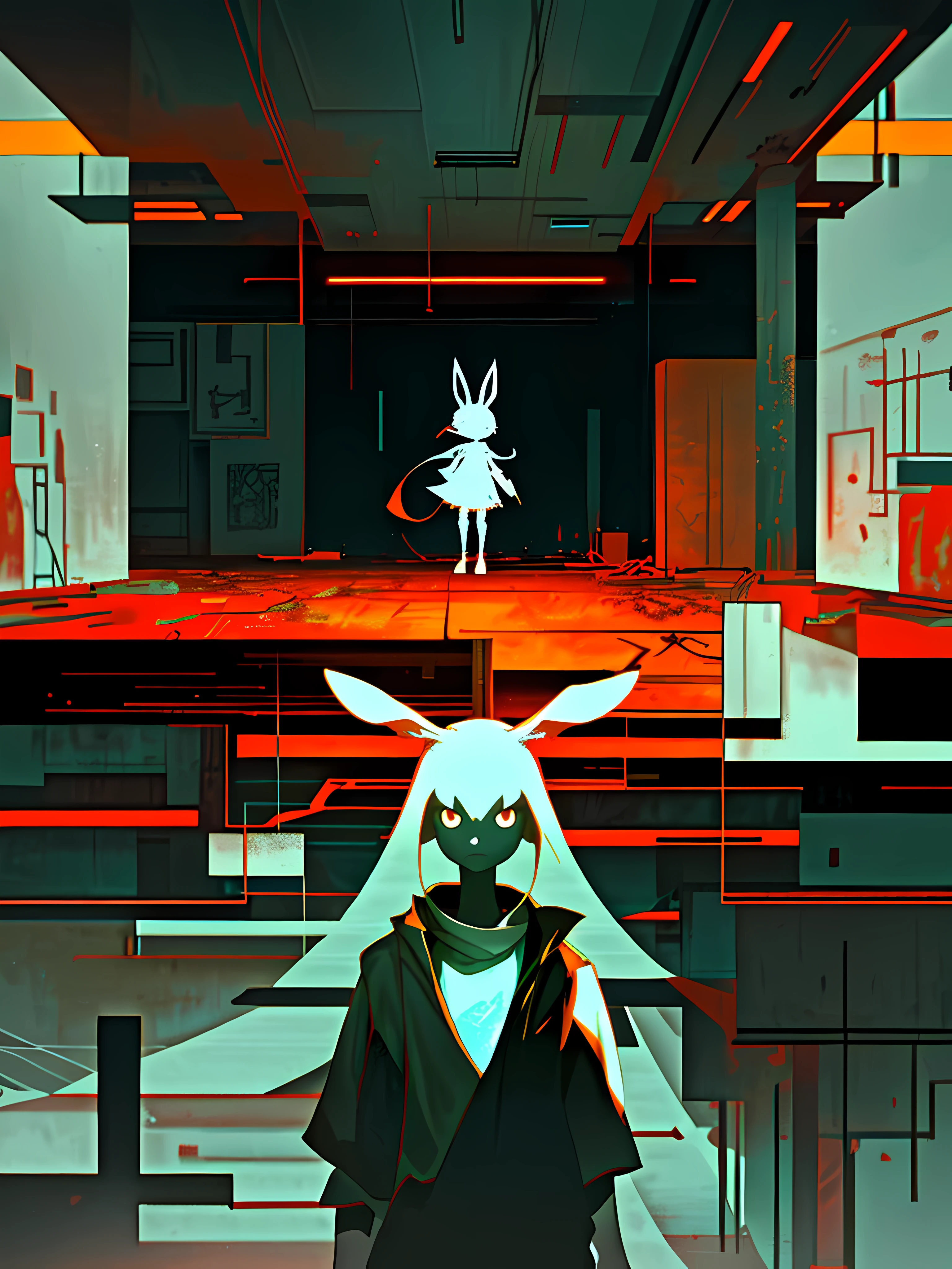 (blame! style abandoned tech landscape), (Zen, Amy Sol style), (underground, dark, foggy, perilous, abandoned dystopian apartment bedroom, deep windows), (abstract anthro rabbit figure wearing bunny ears), cover art with light abstraction, abstract, simple vector art, contemporary Cybernetic art, color gradients, soft color palettes, layered forms, whimsical animation, style Ethereal abstract, 4K, --v6