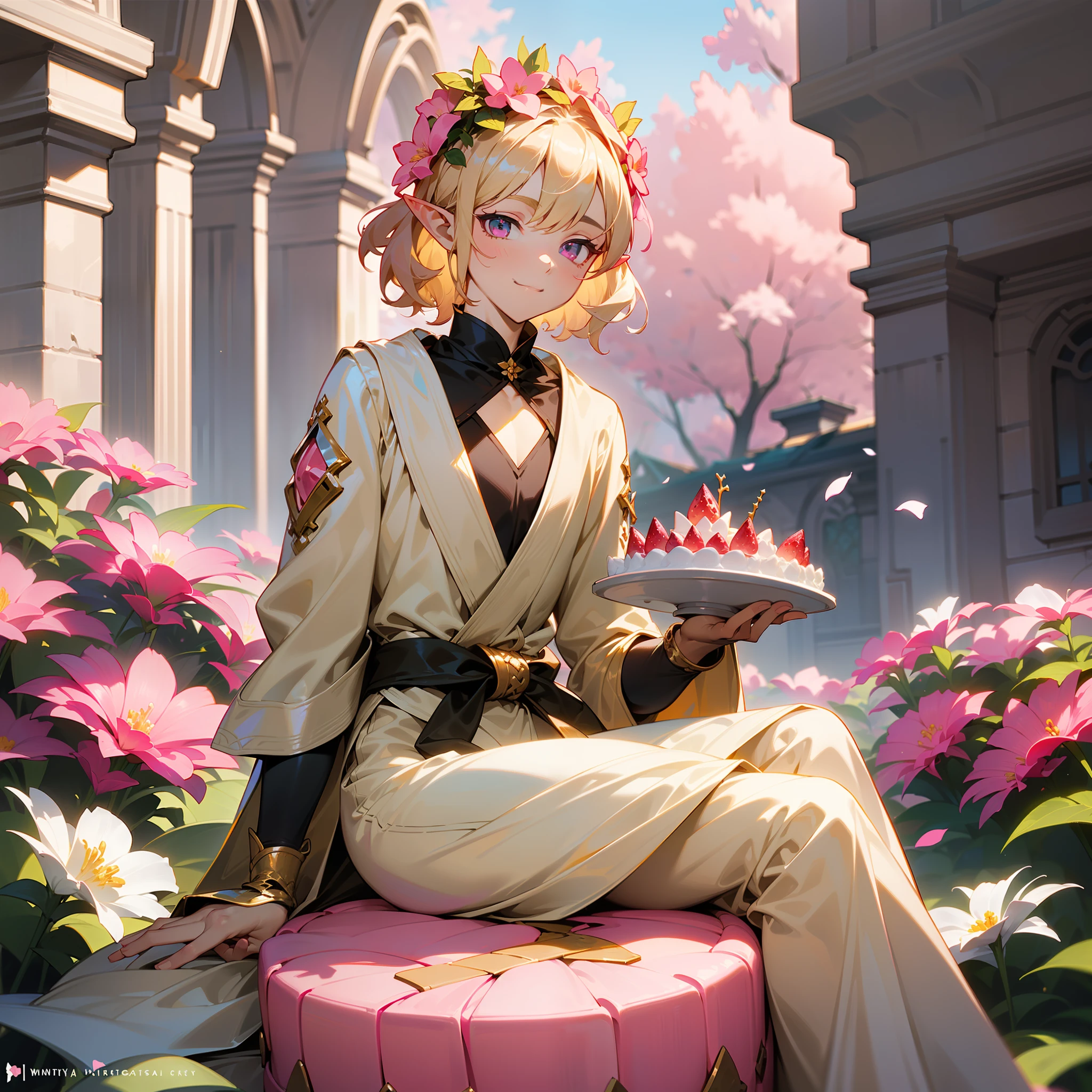 young man, twink, (((male))), (((man))), (((one person))), single, solo, (((very light blonde hair))), (((pink colored eyes))), (medium short hair), (chin-length hair), wavy hair, slim body, ((flat chest)), (((fantasy style))), (((wearing flowers in his hair))), flowercrown, ((pointy ears)), (((light pink colored eyes))), smooth skin, (((wearing fantasy clothes))), smiling, (((sitting on top of a gigantic cake))), like a cake topper, (sitting on a huge cake)
