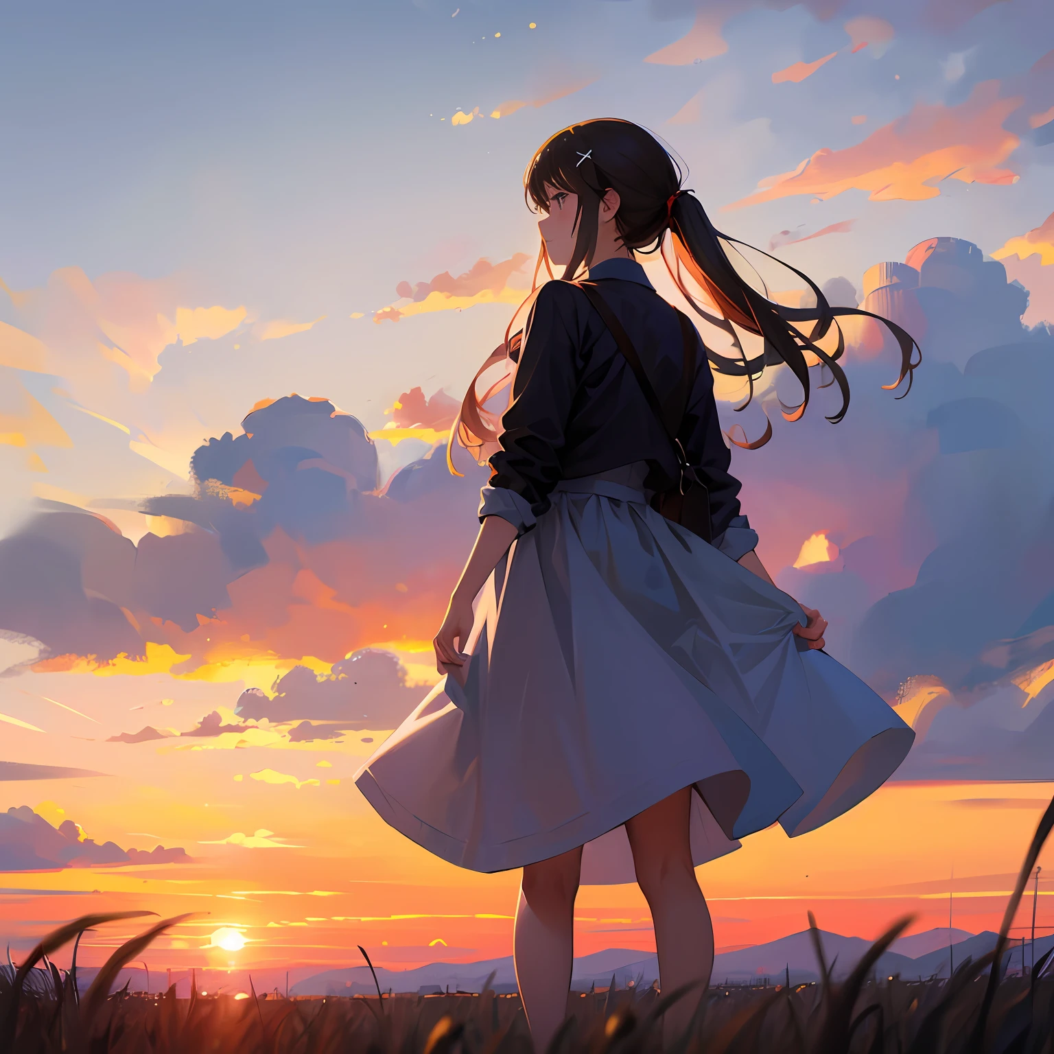 girl standing in field, closeup, portrait, clouds, sunrise