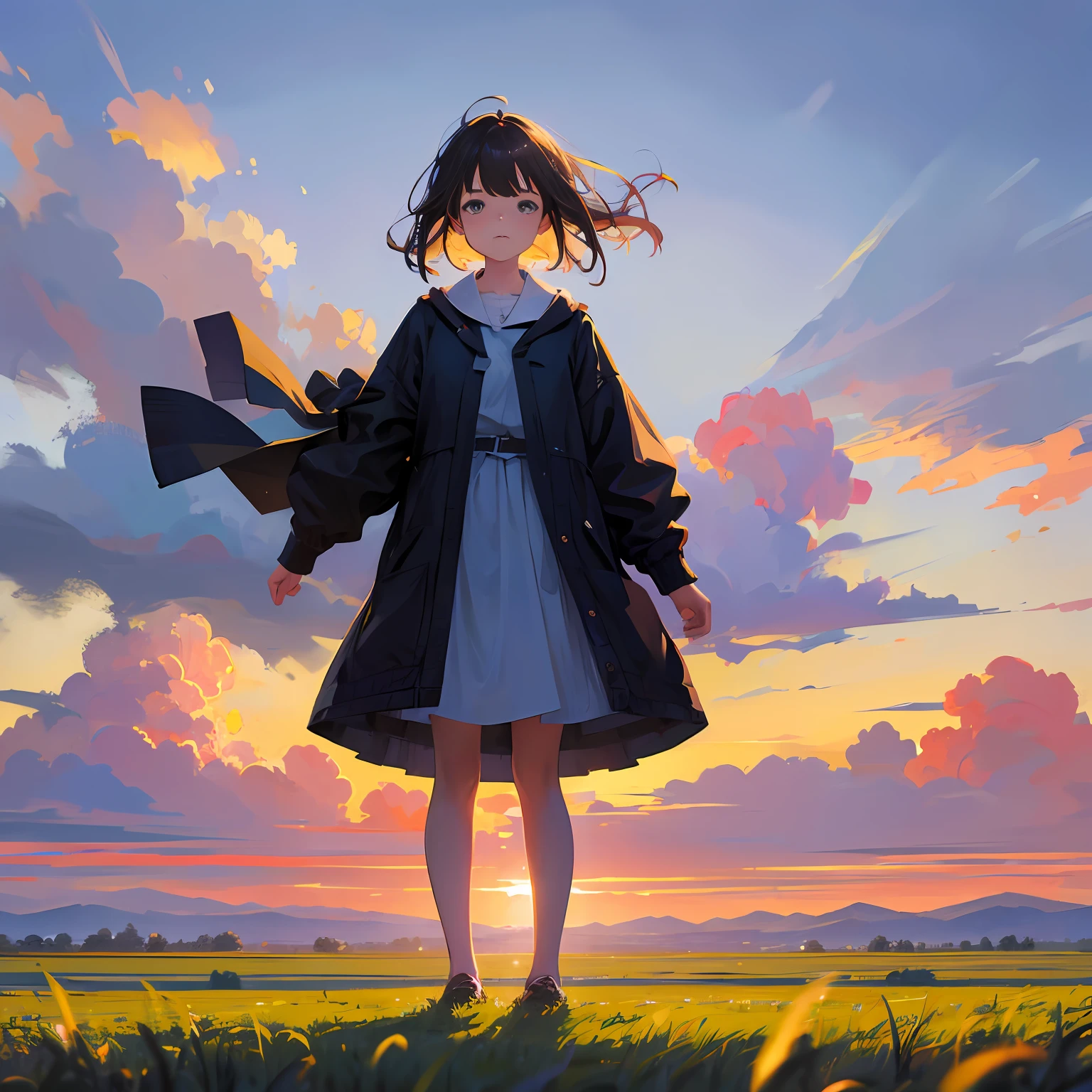 girl standing in field, closeup, portrait, clouds, sunrise