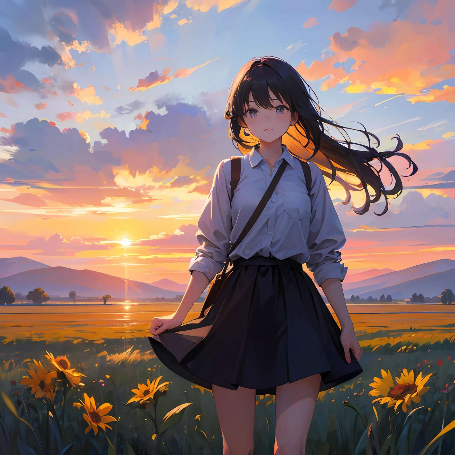girl standing in field, closeup, portrait, clouds, sunrise