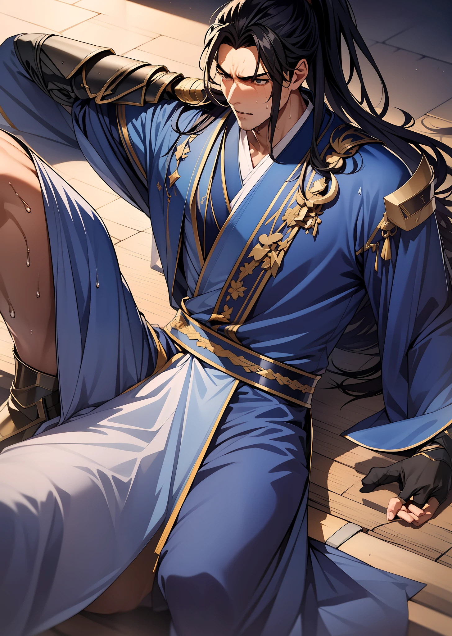 quadratic element，style of anime，mtu（Male Warrior），musculature，The proportions are correct，Face details，swordsmen，High ponytail hairstyle，perspired，Sweat on the face，drools，Neck details，There is an Adam's apple，Get wet，Drenched，Black Hanfu，kaftan，Embroidered robes，Black robe，clothes details，Handing over，longer sleeves，Game quality，Swordsmanship，Light and shadow tracking，Ray traching，detailed glow，cg render，hair detail，cabelos preto e longos，Golden eyes，Sweat on the face，Handsome，Handsome，Beads of sweat slipped down my neck，（juvenile sense），Clothing is complicated，Drenched，Get wet，Perfectcomposition，Refinement，high qulity，higher details，Lots of details，The background is complex，a sense of atmosphere，