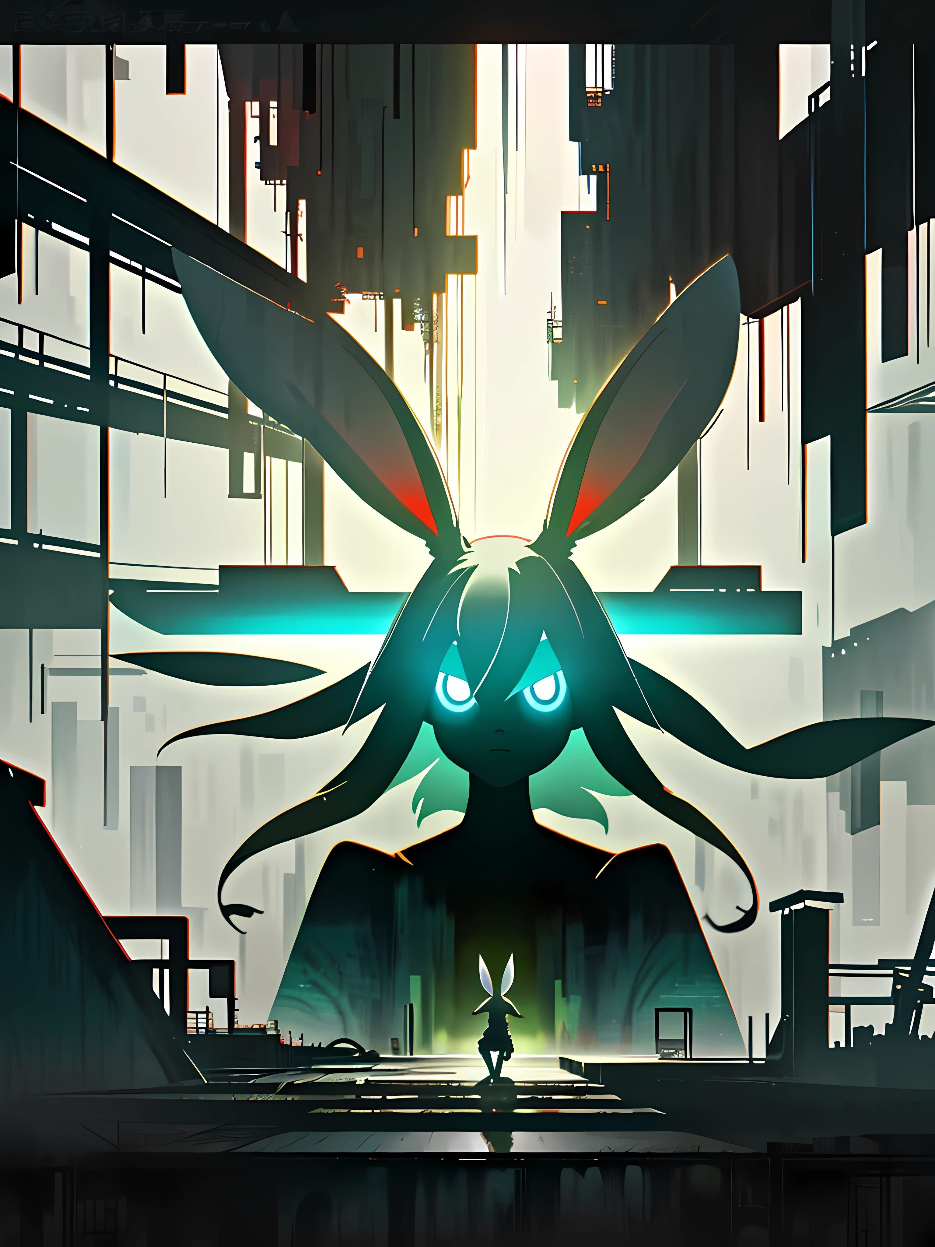 (blame! style abandoned tech landscape), (Zen, Amy Sol style), (underground, dark, foggy, perilous, abandoned dystopian apartment bedroom, deep windows), (abstract anthro rabbit figure wearing bunny ears), cover art with light abstraction, abstract, simple vector art, contemporary Cybernetic art, color gradients, soft color palettes, layered forms, whimsical animation, style Ethereal abstract, 4K, --v6