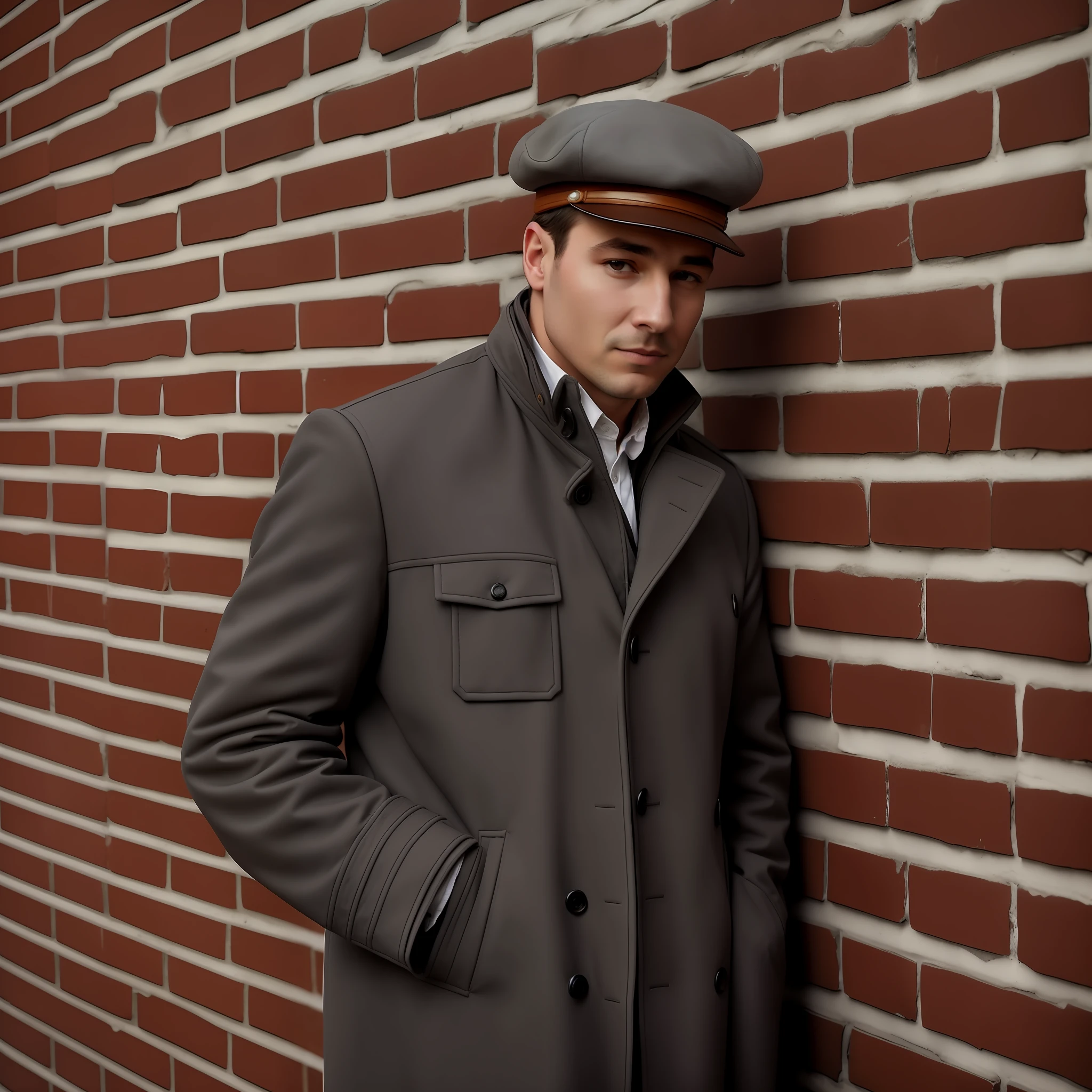 arafed man leaning against a brick wall wearing a grey coat and flat cap, andrey frolov, ussr suit, fargo, 1950s