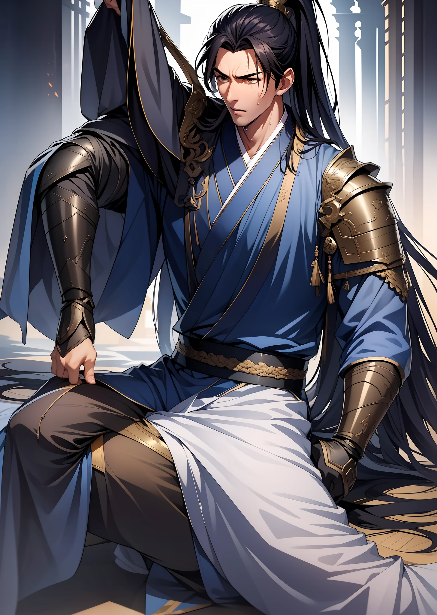quadratic element,style of anime,mtu(Male Warrior),musculature,The proportions are correct,Face details,swordsmen,High ponytail hairstyle,perspired,Sweat on the face,drools,Neck details,There is an Adam's apple,Get wet,Drenched,Black Hanfu,kaftan,Embroidered robes,Black robe,clothes details,Handing over,longer sleeves,Game quality,Swordsmanship,Light and shadow tracking,Ray traching,detailed glow,cg render,hair detail,cabelos preto e longos,Golden eyes,Sweat on the face,Handsome,Handsome,Beads of sweat slipped down my neck,(juvenile sense),Clothing is complicated,Drenched,Get wet,Perfectcomposition,Refinement,high qulity,higher details,Lots of details,The background is complex,a sense of atmosphere,
