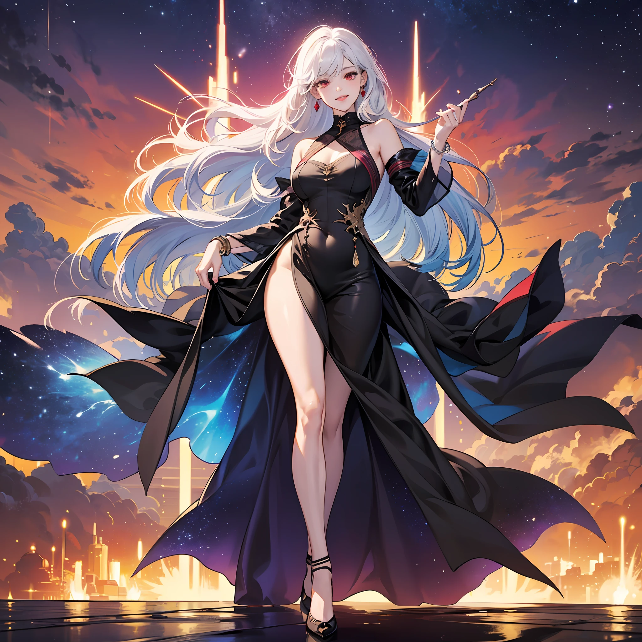 (simple hands:0.5)+(detailed hands:0.7), (masterwork), (best quality), white hair, red eyes,1girl, pale skin, white hair, red eyes, two tone hair, eyelashes, bracelet, jewelry, smile, gleaming skin, shiny hair, detailed and majestic stage, Fantasy, Long Hair, 1 girl, two-tone hair, night sky, Incredibly detailed CG illustration masterpiece, looking at you, anime, beautiful anime eyes, beautiful detailed eyes, eyes, glittering eyes, red eyes, galaxy, nebula, (full body), (curvy), POV, wet neckline, (thick thighs), 4k hd, ultra realistic, perfect body, perfect lips, perfect nose, perfect eyes, Nice belly detailed, see through clothes, legs open, looking at the viewer, dress, elegant dress, Soft Dress, Long dress, --auto