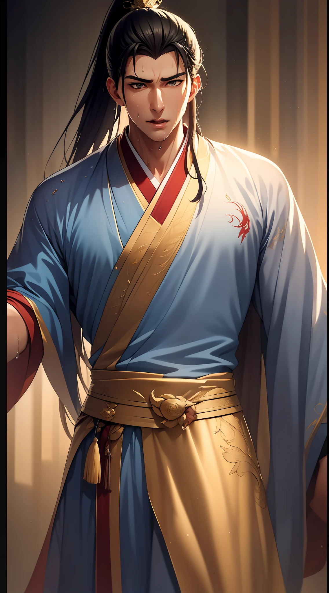 quadratic element,style of anime,mtu(Male Warrior),musculature,The proportions are correct,Face details,swordsmen,High ponytail hairstyle,perspired,Sweat on the face,drools,Neck details,There is an Adam's apple,Get wet,Drenched,Black Hanfu,kaftan,Embroidered robes,Black robe,clothes details,Handing over,longer sleeves,Game quality,Swordsmanship,Light and shadow tracking,Ray traching,detailed glow,cg render,hair detail,cabelos preto e longos,Golden eyes,Sweat on the face,Handsome,Handsome,Beads of sweat slipped down my neck,(juvenile sense),Clothing is complicated,Drenched,Get wet,Perfectcomposition,Refinement,high qulity,higher details,Lots of details,The background is complex,a sense of atmosphere,