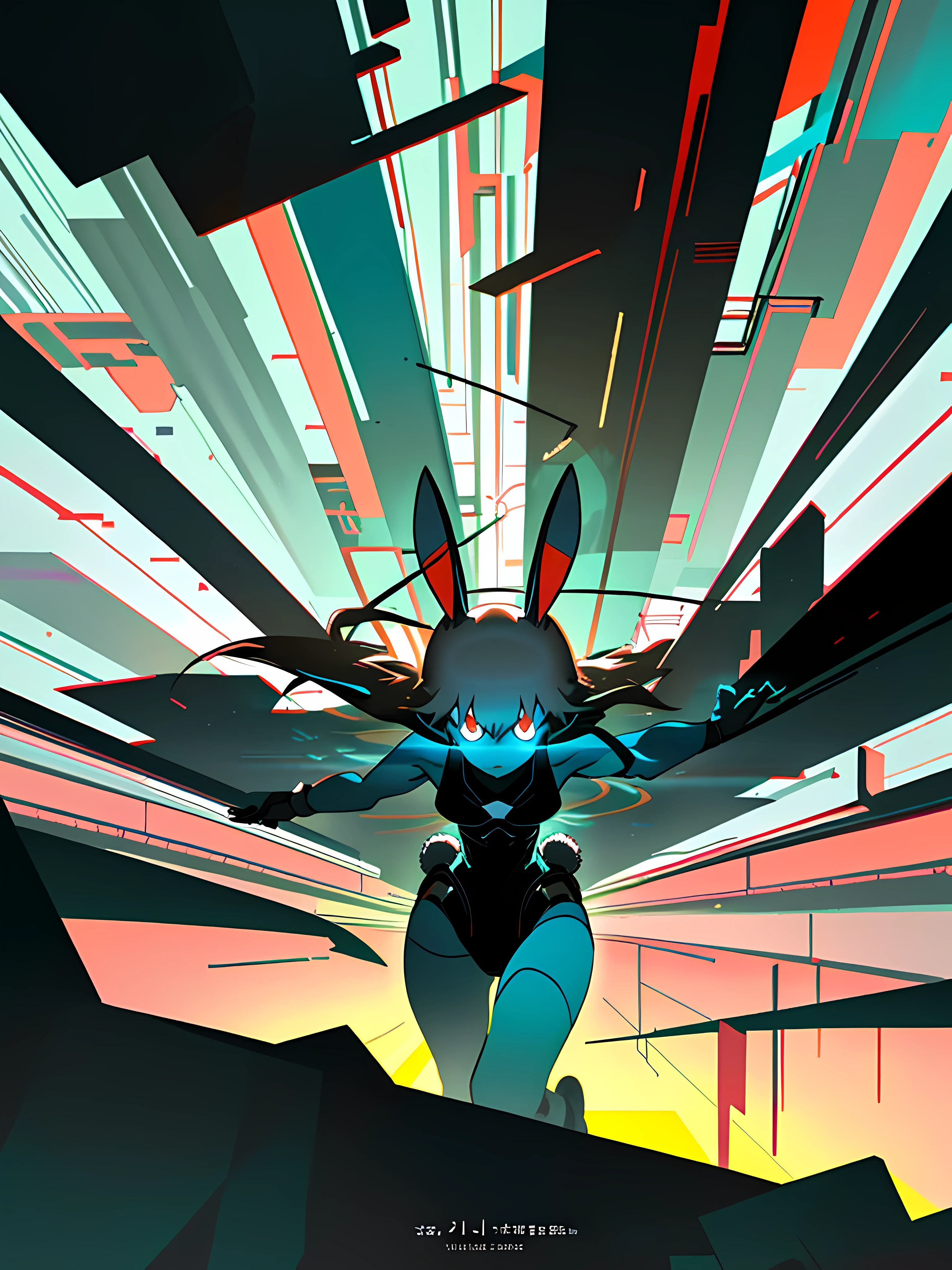 (blame! style abandoned tech landscape), (Zen, Amy Sol style), (underground, dark, foggy, perilous, abandoned dystopian apartment bedroom, deep windows), (abstract anthro rabbit figure wearing bunny ears), cover art with light abstraction, abstract, simple vector art, contemporary Cybernetic art, color gradients, soft color palettes, layered forms, whimsical animation, style Ethereal abstract, 4K, --v6