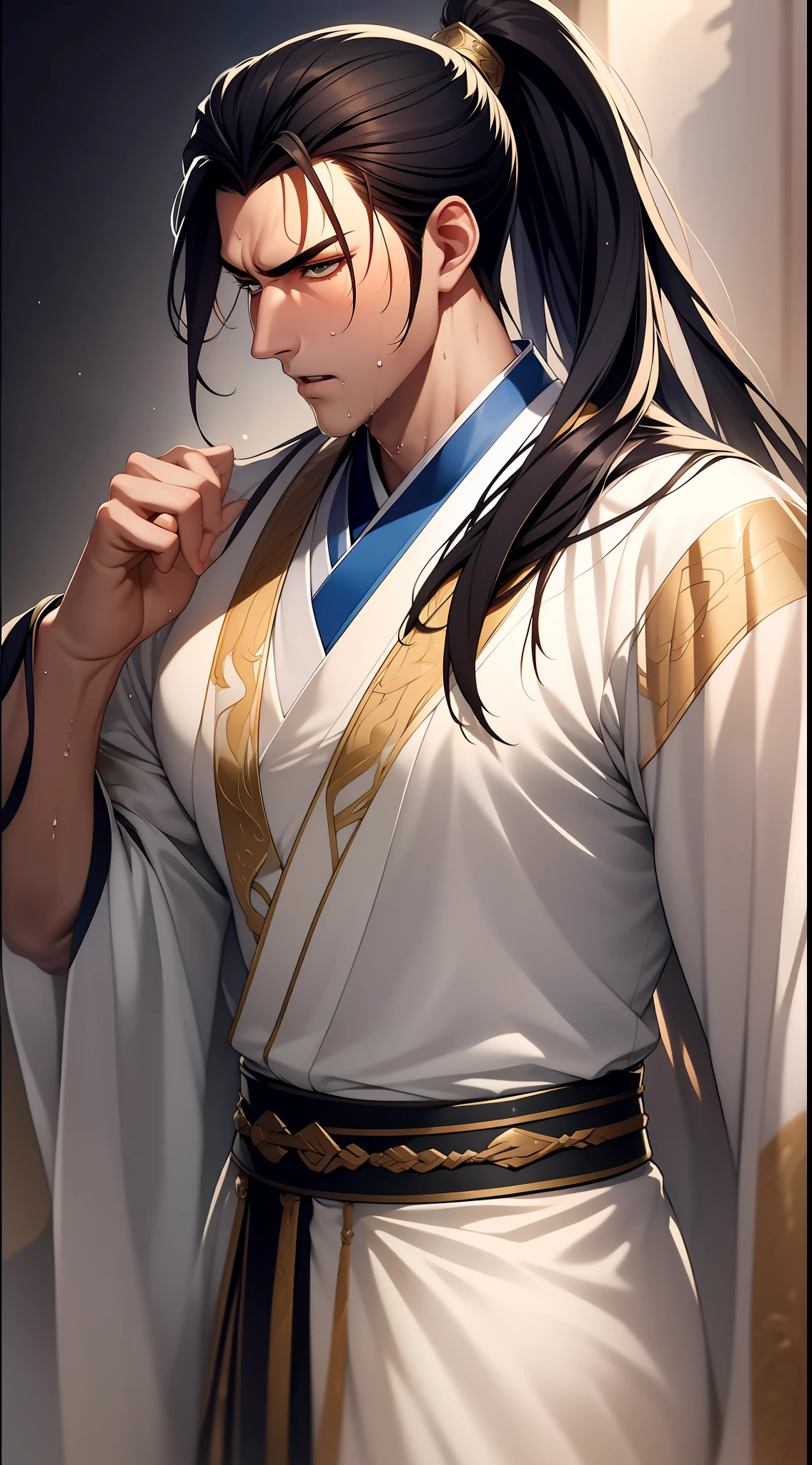 quadratic element，style of anime，mtu（Male Warrior），musculature，The proportions are correct，Face details，swordsmen，High ponytail hairstyle，perspired，Sweat on the face，drools，Neck details，There is an Adam's apple，Get wet，Drenched，Black Hanfu，kaftan，Embroidered robes，Black robe，clothes details，Handing over，longer sleeves，Game quality，Swordsmanship，Light and shadow tracking，Ray traching，detailed glow，cg render，hair detail，cabelos preto e longos，Golden eyes，Sweat on the face，Handsome，Handsome，Beads of sweat slipped down my neck，（juvenile sense），Clothing is complicated，Drenched，Get wet，Perfectcomposition，Refinement，high qulity，higher details，Lots of details，The background is complex，a sense of atmosphere，