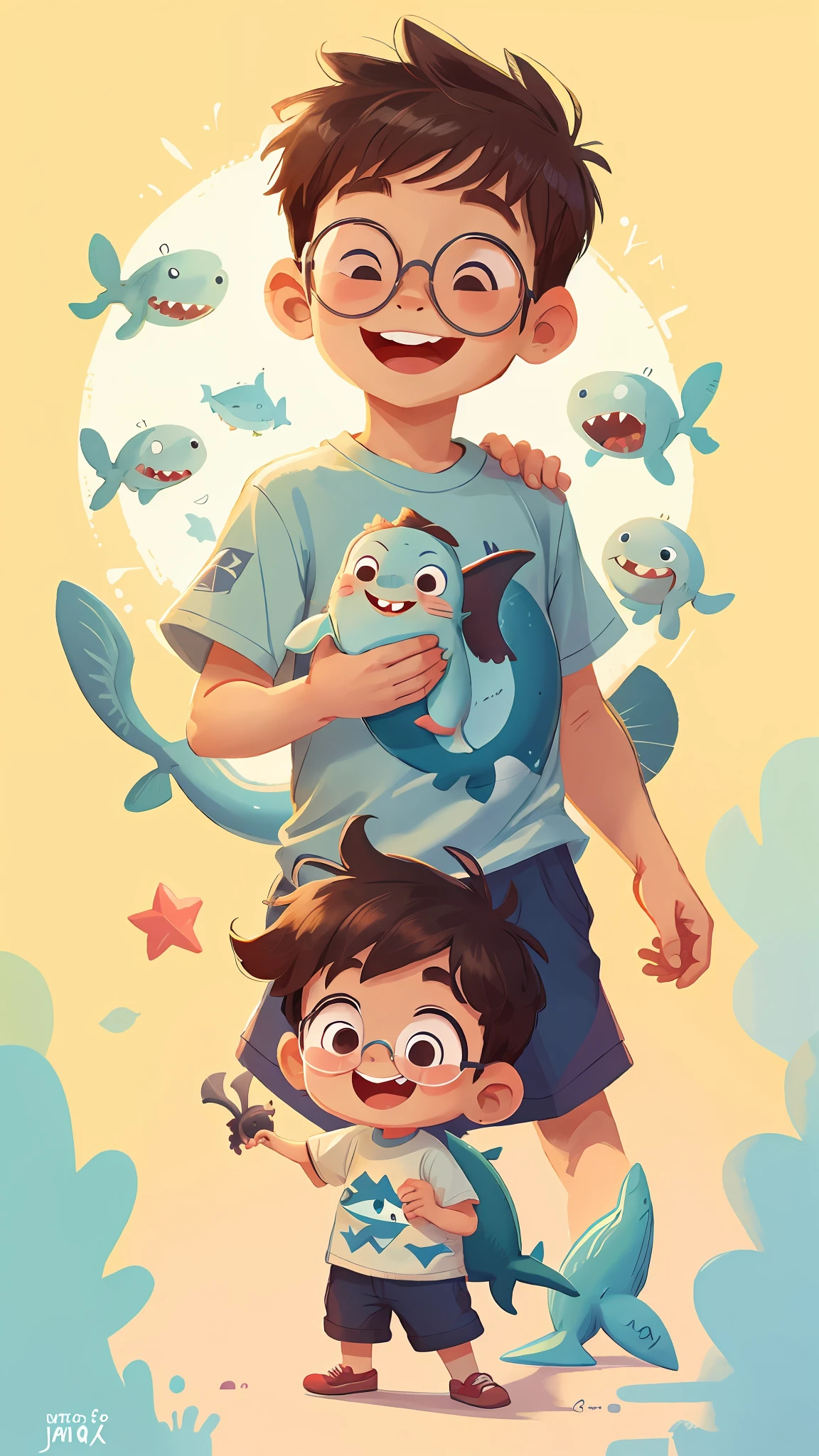 a cute boy, wearing a shark shirt, holding a baby shark, smiling, short, wearing glasses, baby cuteshark,