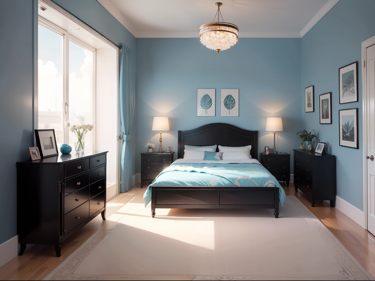 retrofuturism interior design,
glossy cerulean color scheme
,
Bedroom - A cozy and comfortable room that features a queen-sized bed with a luxurious comforter and fluffy pillows. The walls are painted a warm and inviting color, while soft lighting creates a relaxing ambiance. A dresser and nightstand made of natural wood complete the look, providing a space to store personal belongings.