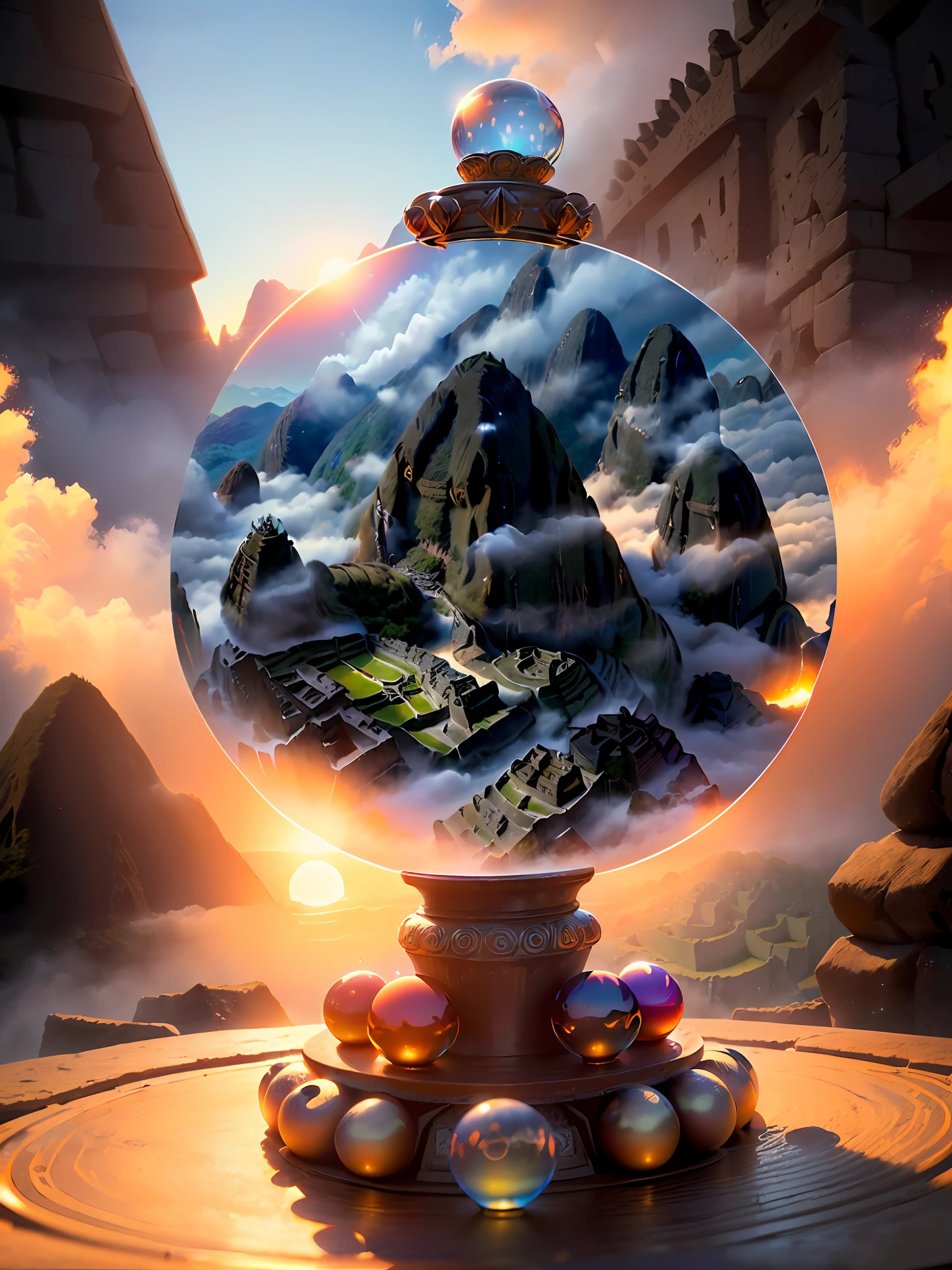 Hyper-realistic、16K High Resolution、(Maximum Sharp Focus:1.3)、(Maximum Close-up:1.5)、(Single crystal ball with pedestal on table:1.4)、(Large bokeh background、blue back light:1.3) 、(World Heritage Site、Machu Picchu、sunrises、White fog:1.5)