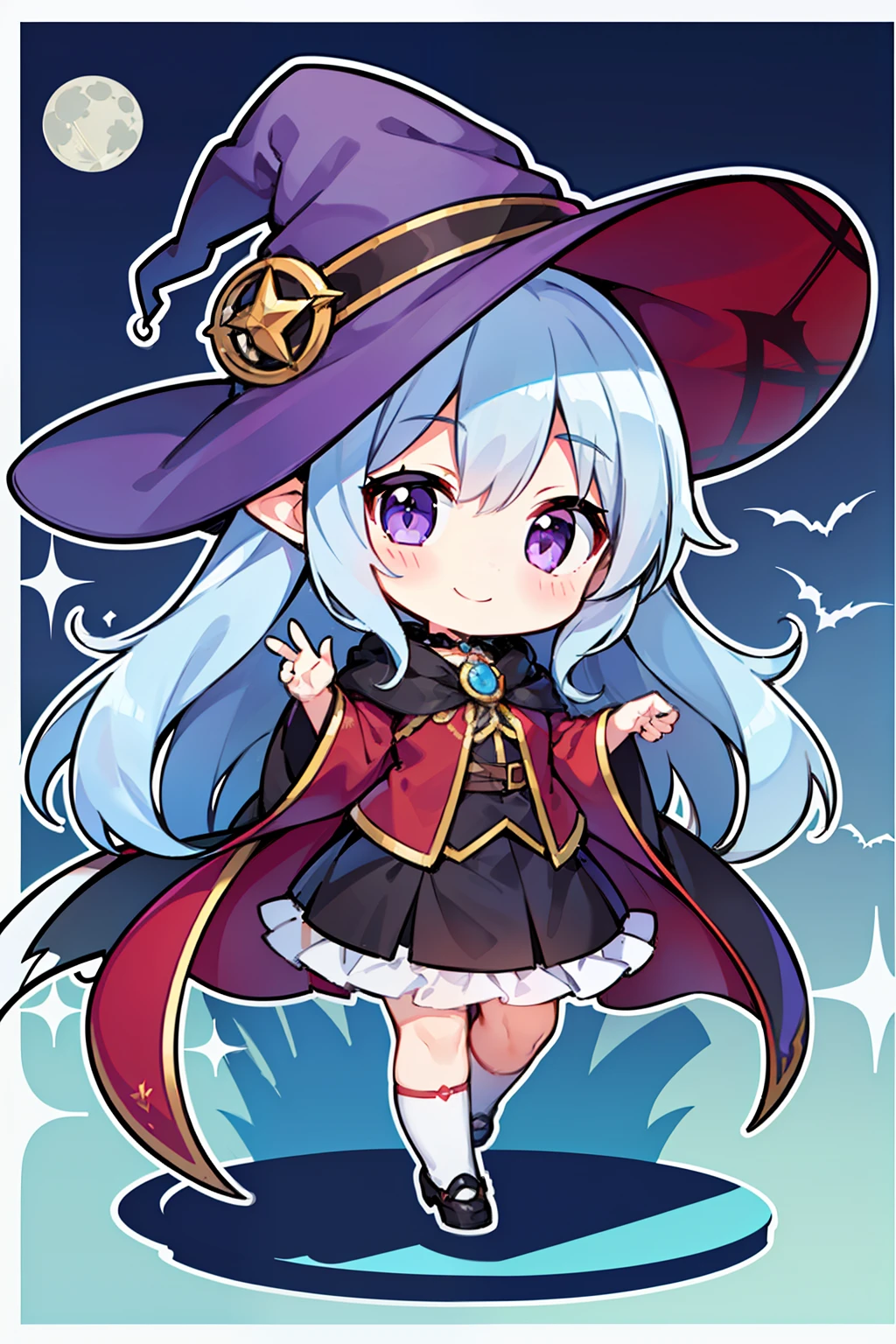 1 girl in、Light blue long hair、Purple eyes、witch's hat、Harry Potter robes、a smile、Knee-length skirt、Ruffled skirt、Icon-like、Chibi、Chibi Chara、fullmoon、the bats、(High resolution of the highest quality)、((Masterpiece Highest Quality:1.2)), [[Fused fingers]]