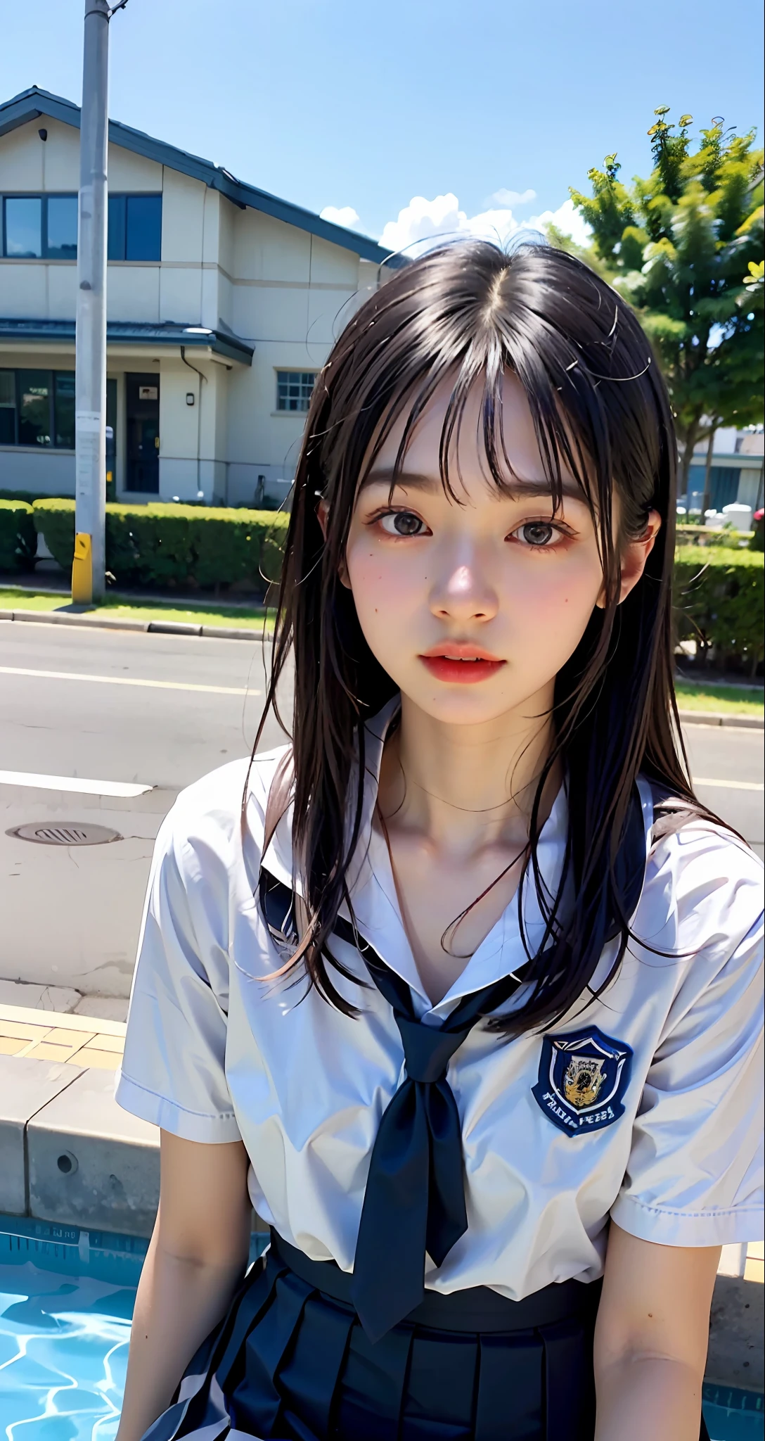 (((top-quality、​masterpiece))、Raw photography、8K、top-quality、 超A high resolution、Beautiful face in every detail、Realistic human skin、Gentle expression、front-facing view、Farbe々From an angle、length hair、realisitic、Photorealsitic、cute little、a short skirt、cute school girl、Japan schoolgirl wearing uniform、Surreal High School Girl、blue-sky、outside of house、in poolside、wrist watch、