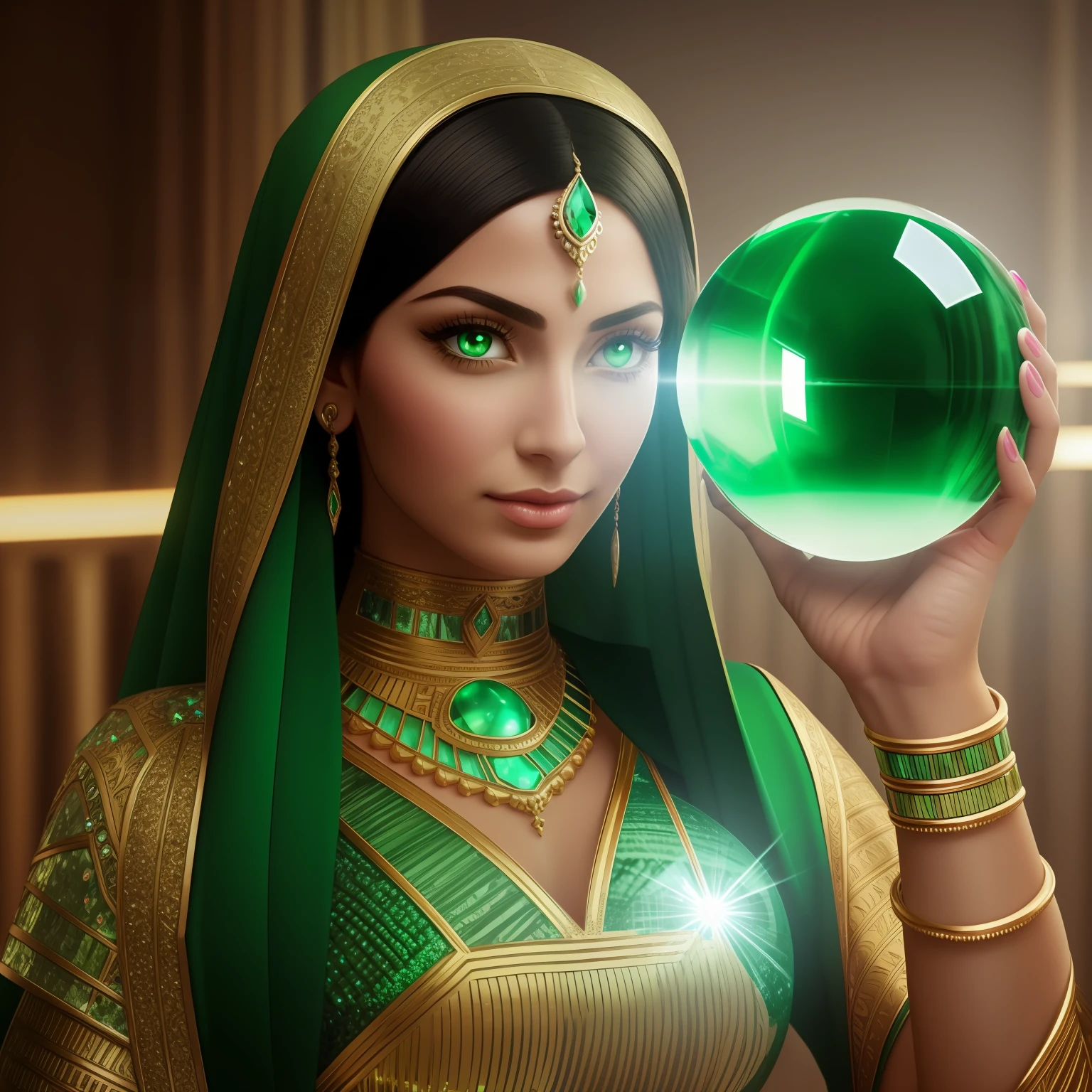 big green crystal ball in woman's hand, subtle fingers, green fingernails
