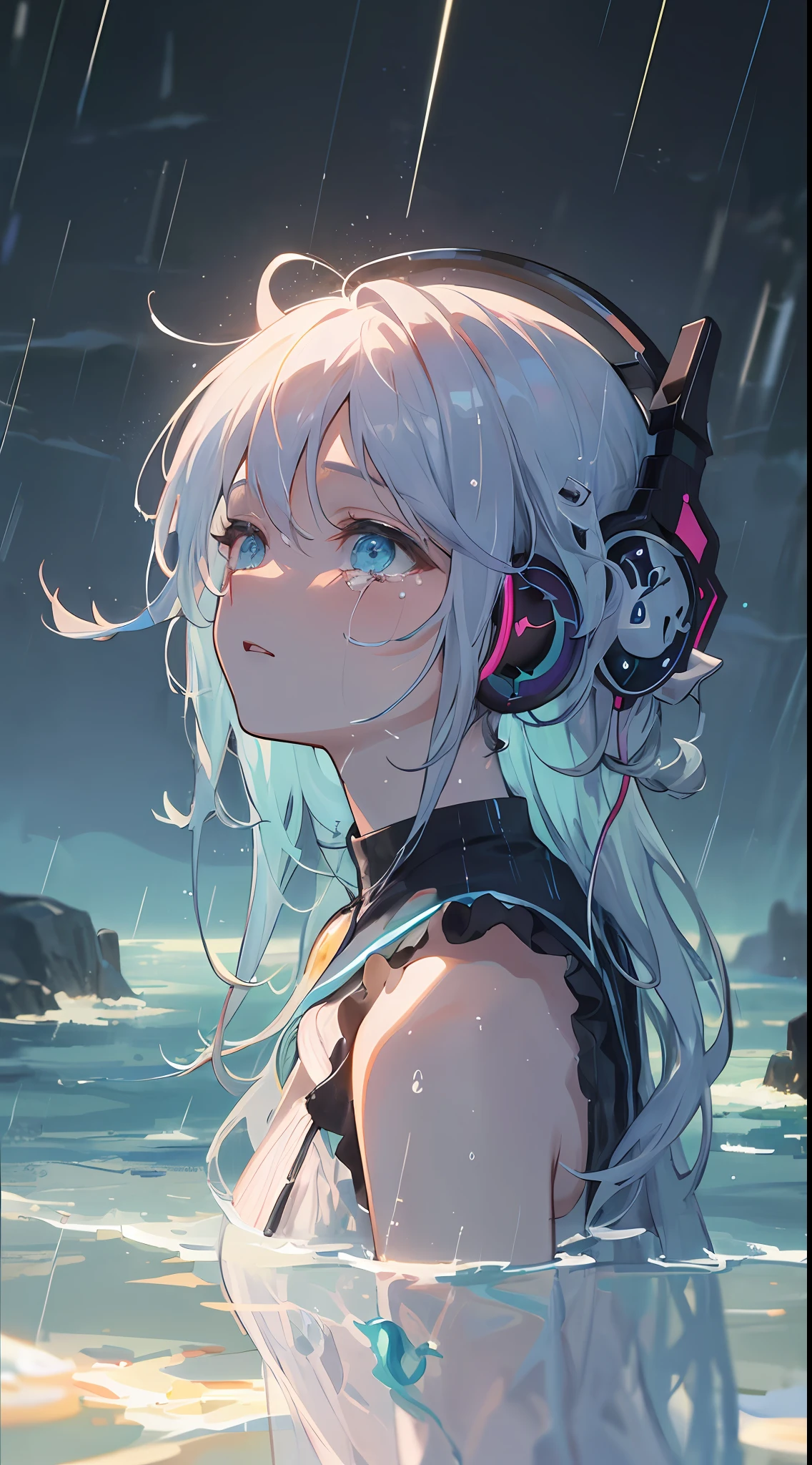 ((​masterpiece)),((Rain)),(((Transparent))),(high-level image quality),8K,4K,Blue base illustration,((natta)),(chee),(Music),((head phone)),Woman in the center,being hit by rain,is crying,Inspired by music,(Transparent hair),Looking into the distance,Horizon,((The only light)),(Staring at the light),((In the dark sea))