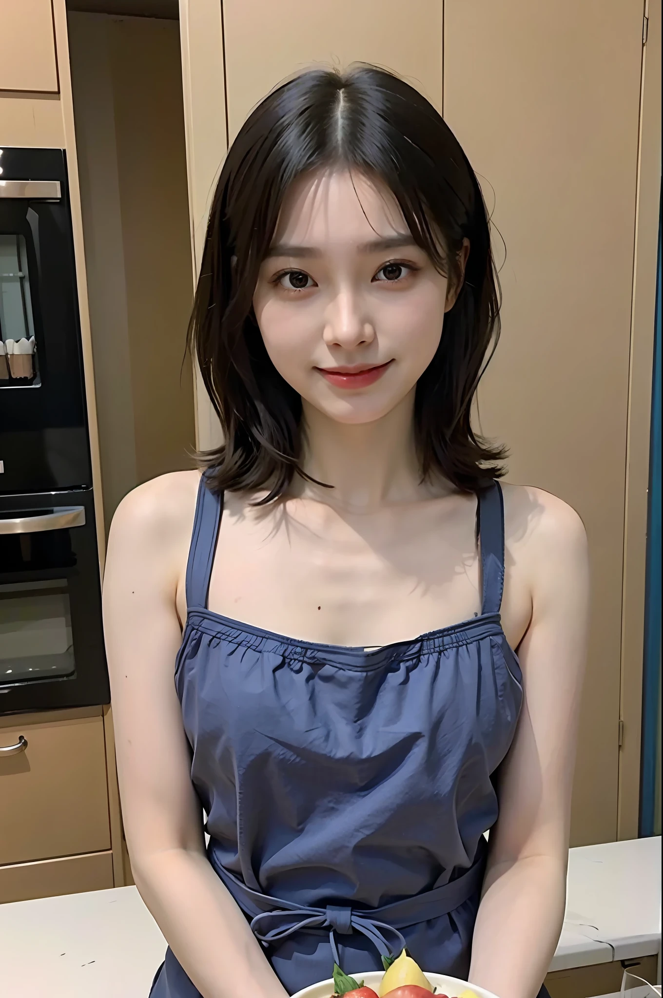 a woman is cooking、(kitchin_Apron:1.Wear 3)、Good Hand、4K、hight resolution、​masterpiece、top-quality、Cap:1.3、((Hasselblad photo))、Fine skin、foco nítido、(lighting like a movie)、Soft lighting、dynamic ungle、[:(详细的脸:1.2):0.2]、Medium chest、sweats streamed skin:1.2、(((In the kitchen))) Cute smile　Viewer's Perspective　Colossal tits　Tying hair　Sleeveless　Put out your upper arm　Shoulders are sticking out　Cleanliness　Large kitchen　Beautiful kitchen　wine glasses　posterior view　Behind　backs　Raise and tie your hair　Very small apron　Short apron　No bra　Eros Face　facing front　Viewer's Perspective　A smile