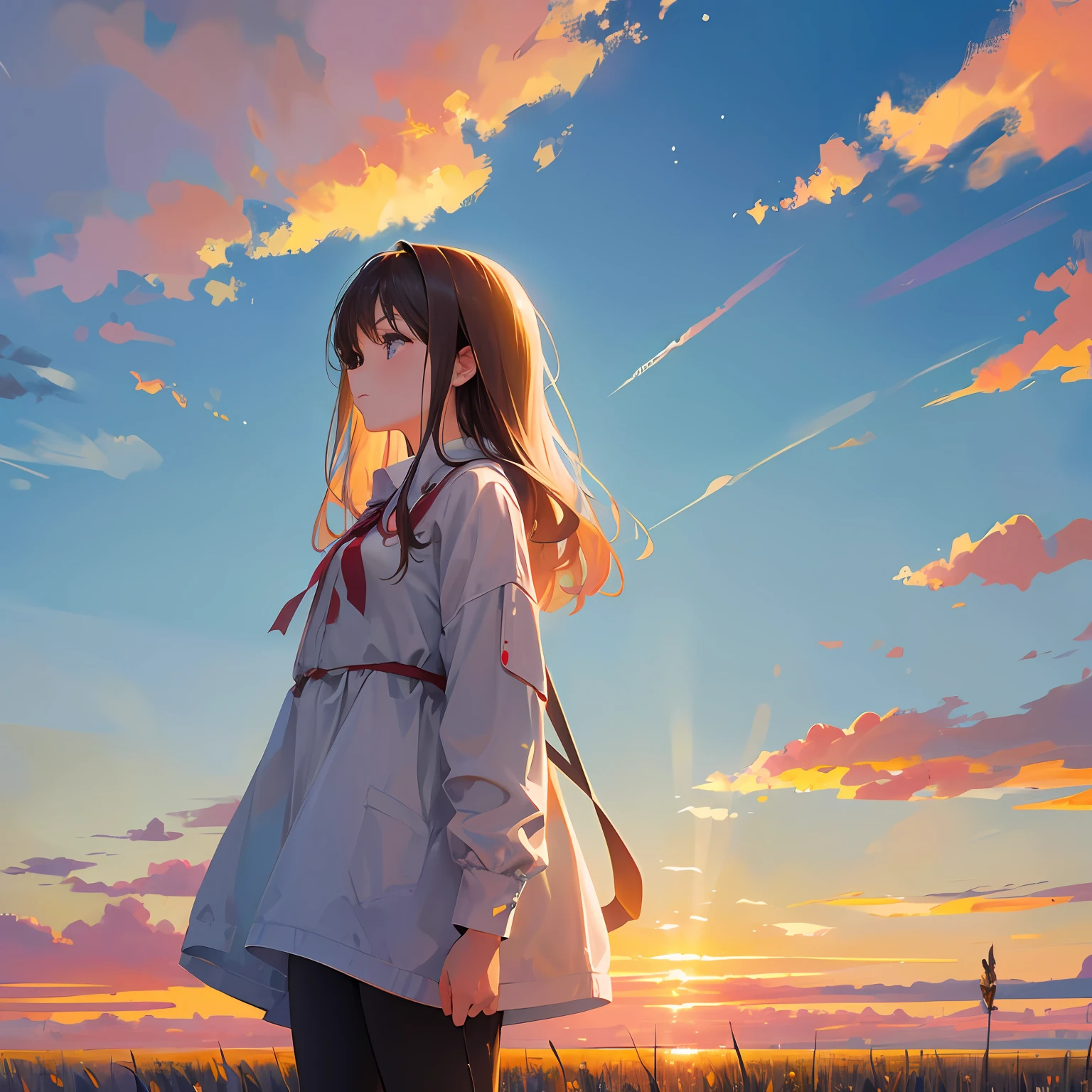 girl standing in field, closeup, portrait, clouds, sunrise