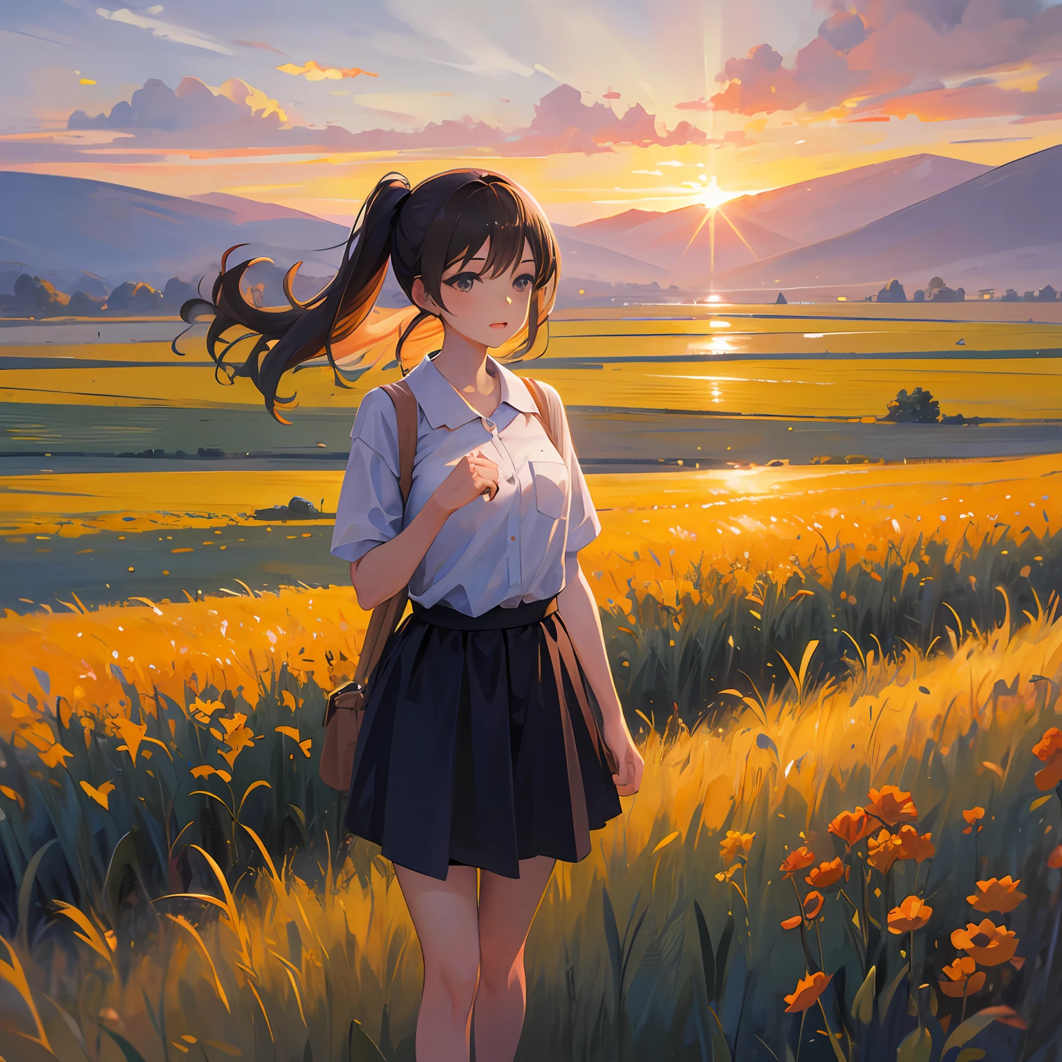 girl standing in field, closeup, portrait, clouds, sunrise