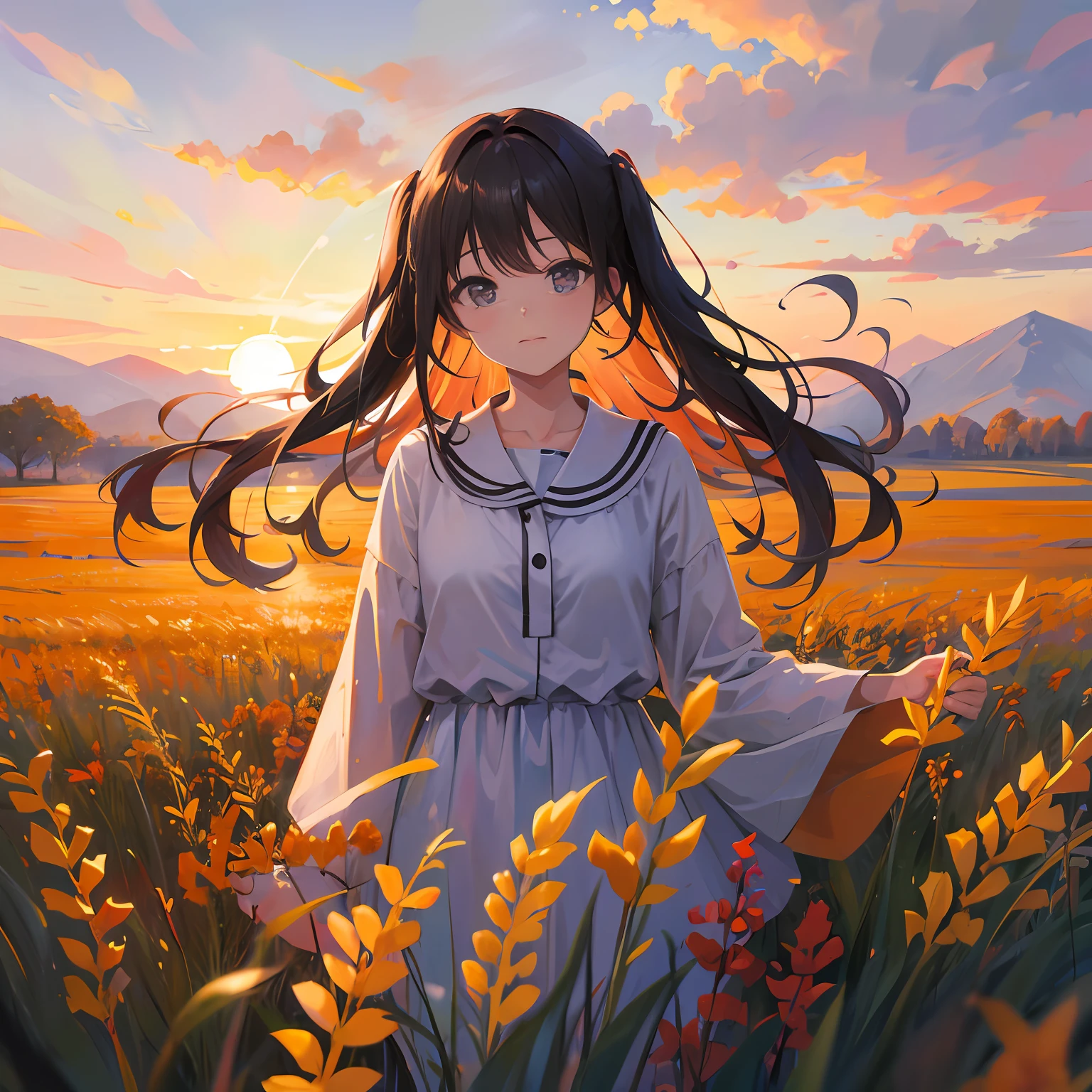 girl standing in field, closeup, portrait, clouds, sunrise