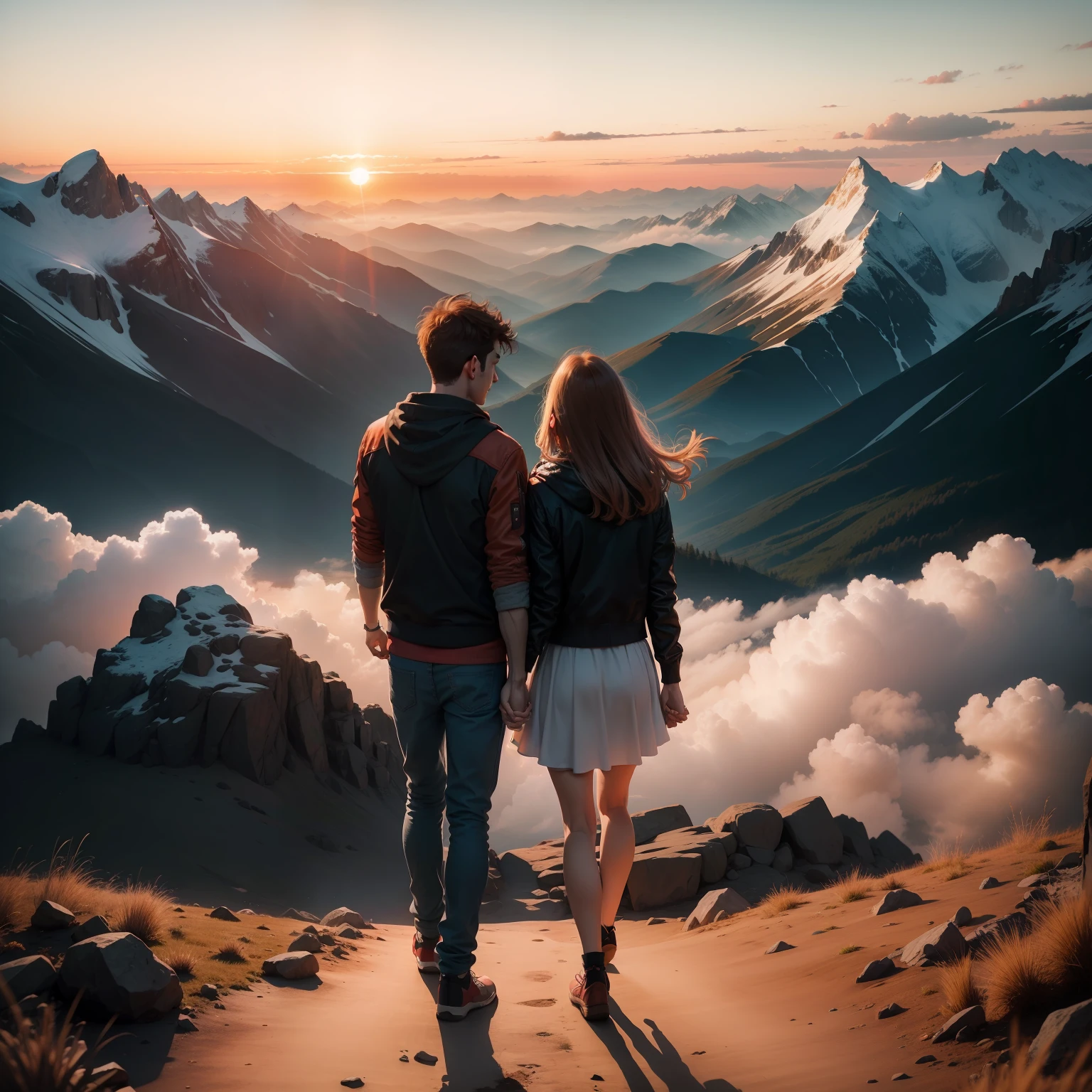 Couple holding hands on a mountain at a sunset