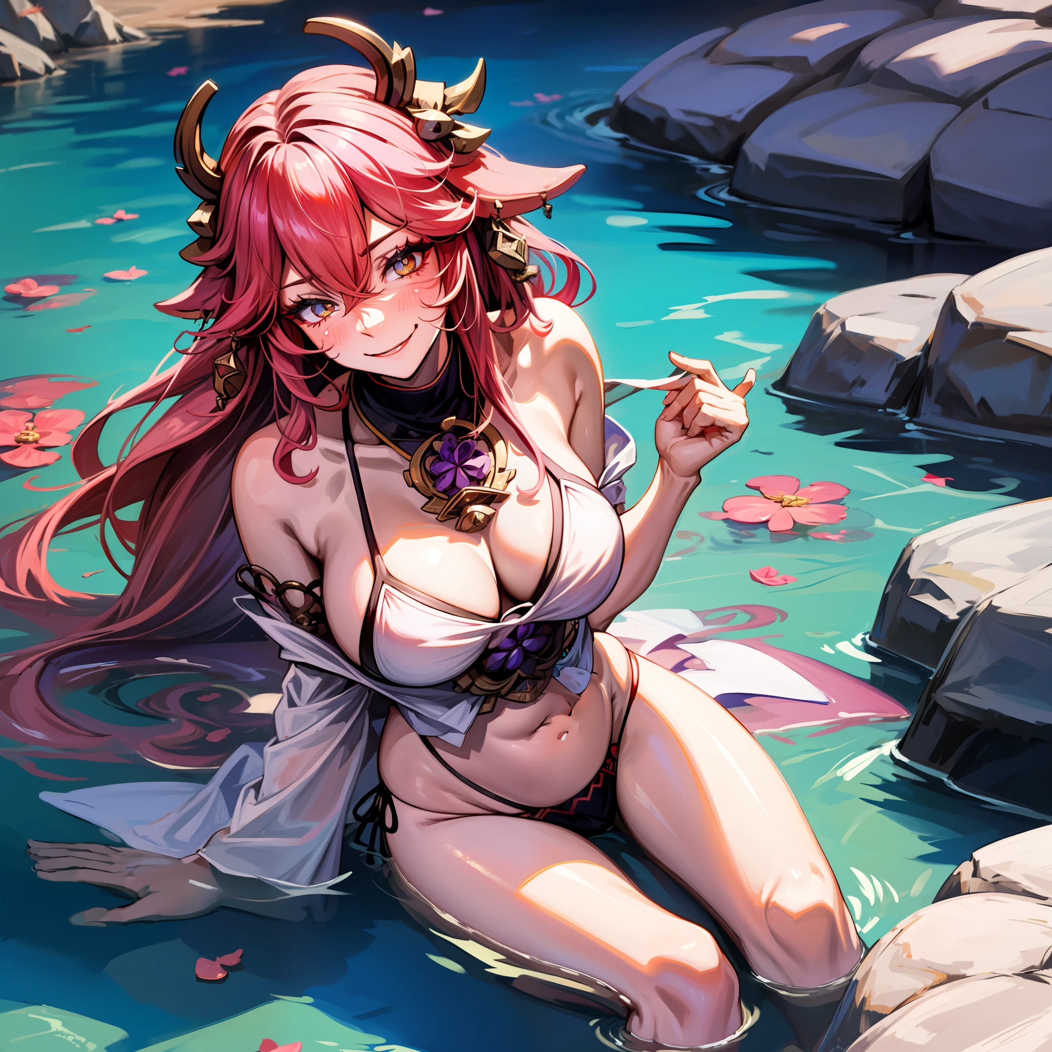 A female demon with black demon horn, ((orelhas de elfo)), ((demon horn)), (orelhas de gato)), cabelo cor-de-rosa extremamente longo, ((Cabelo cor-de-rosa)), White eyes of the demon, ((olhos brancos)), Bikini transparente molhado, on the beach lying in the water with wet clothes and hair as she looks at the onlookers with a mischievous and wicked smile
