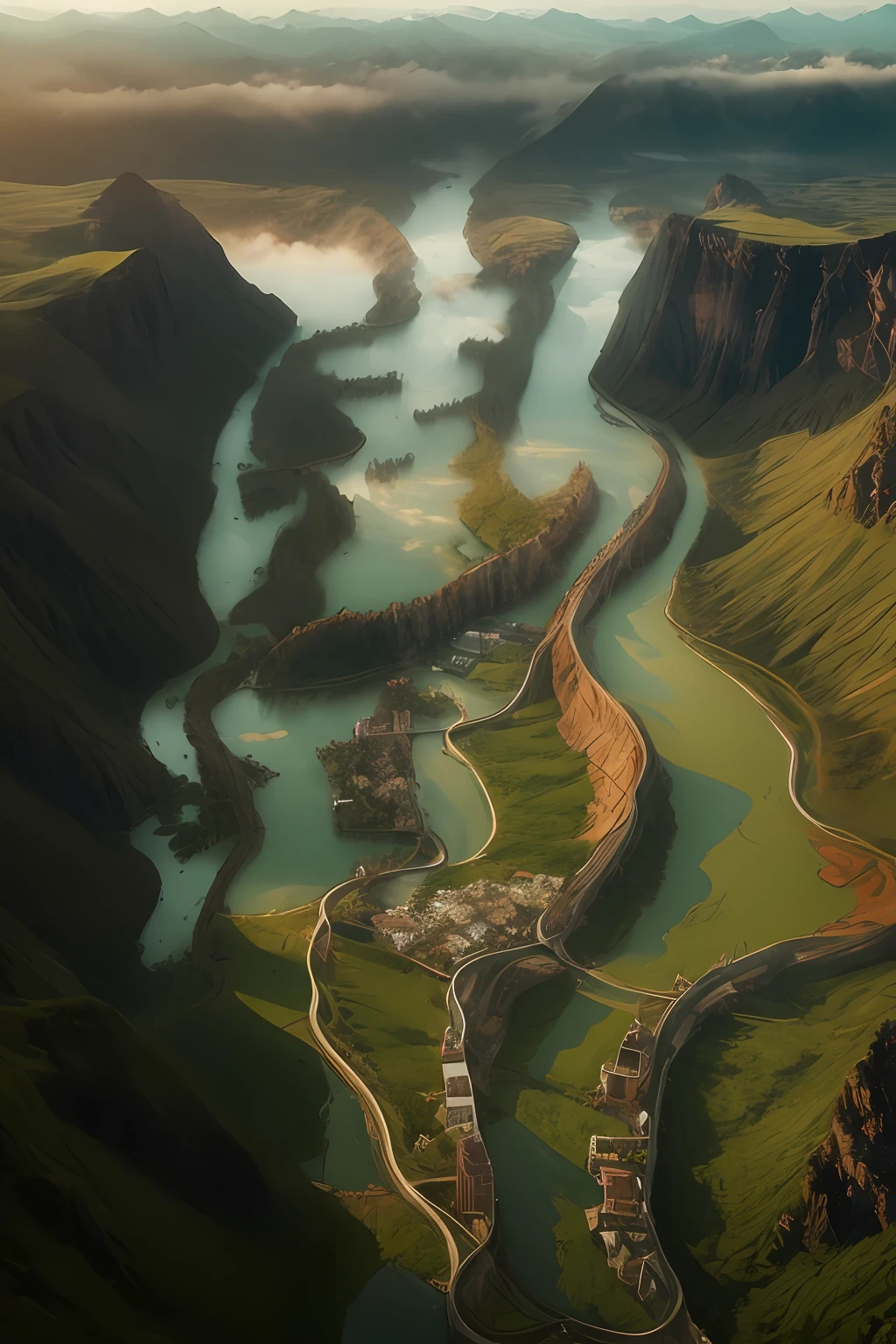 Mountain peaks, rivers, meandering, clouds, (intricate details), HDR, (intricate details, hyperdetailed: 1.2), cinematic shots, vignettes, centered