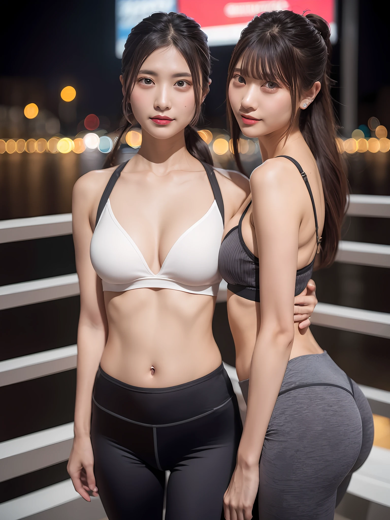 (8K、Raw photography、top-quality、​masterpiece:1.2)、(realisitic、Photorealsitic:1.37)、超A high resolution、depth of fields、Caustics、FujifilmXT3、​masterpiece、ultra-detailliert、(2 girls in)、 and 28 years old、lesbian、Shinjuku's neon streets、natta、Night view of the building city、(Tube Top、No bra、Yoga Pants T-Back)、slenderbody、Sexy navel、(((small tits)))、[big butts]、[thick waist]、Blonde braided hair、striated hair、a small face、cowboy  shot、Camel toe、The shape of the  and pubic area is clearly visible、erotick、female dog、dark suntan line、Suntan-Skin、Dark tanning line、Naughty look、bumps protruding from clothes,,,,,,、Anatomically correct human structure、Areola showing through、Since a while ago、
