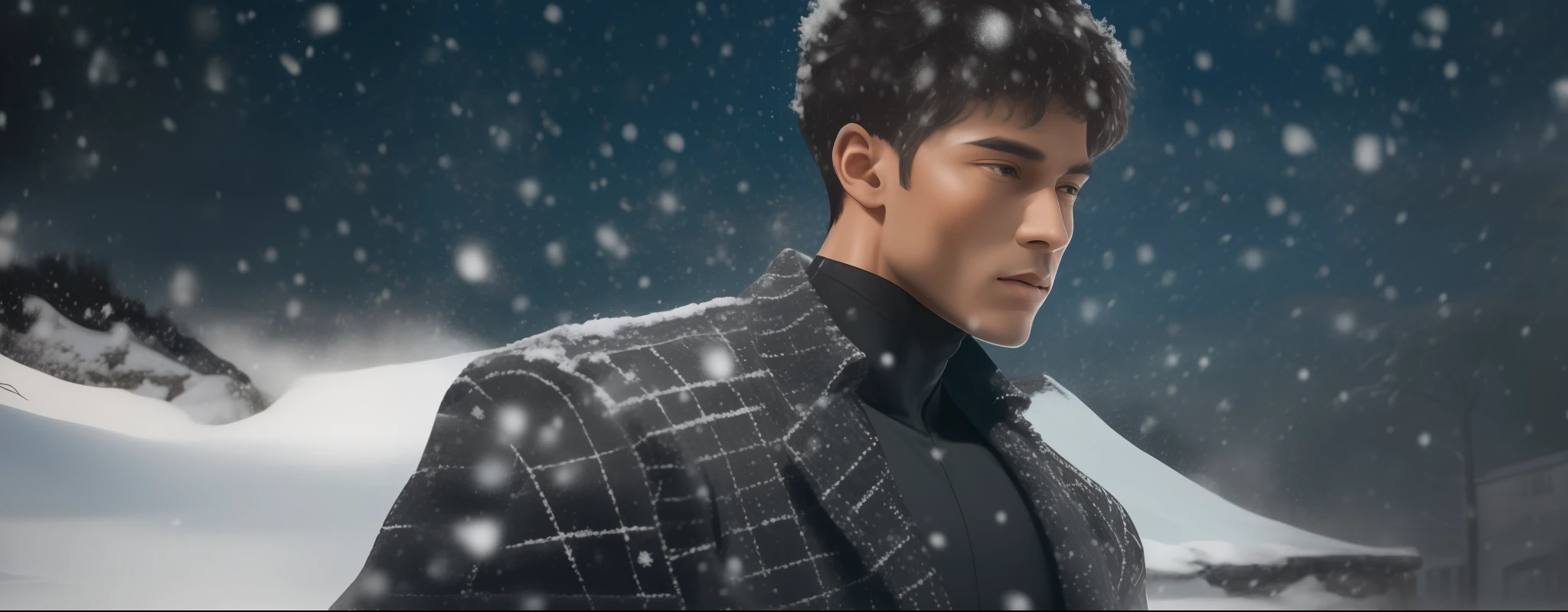 A black silk beauty with a large chest stood in the snow