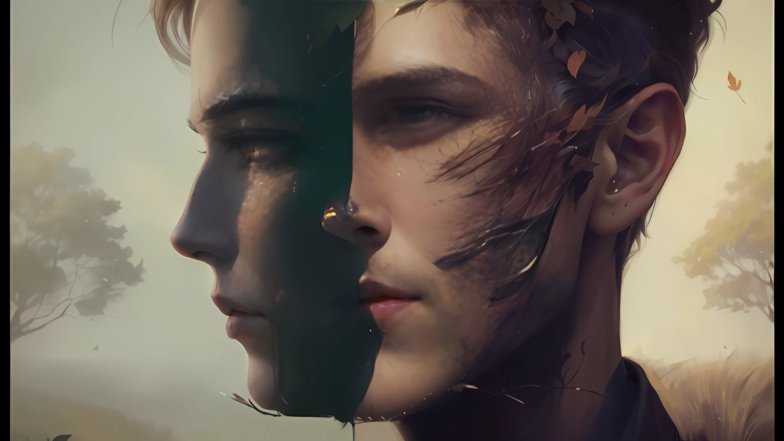 There is a man with a leaf on his face and a tree behind him, arte digital 4k inquietante, Retrato VFX altamente detalhado, Charlie Bowater e Tom Bagshaw, Yuri Shwedoff e Tom Bagshaw, Darius Zawadzki e Tom Bagshaw, retrato vfx altamente detalhado de, Edmund Blair e Charlie Bowater, Arte digital realista 4K
