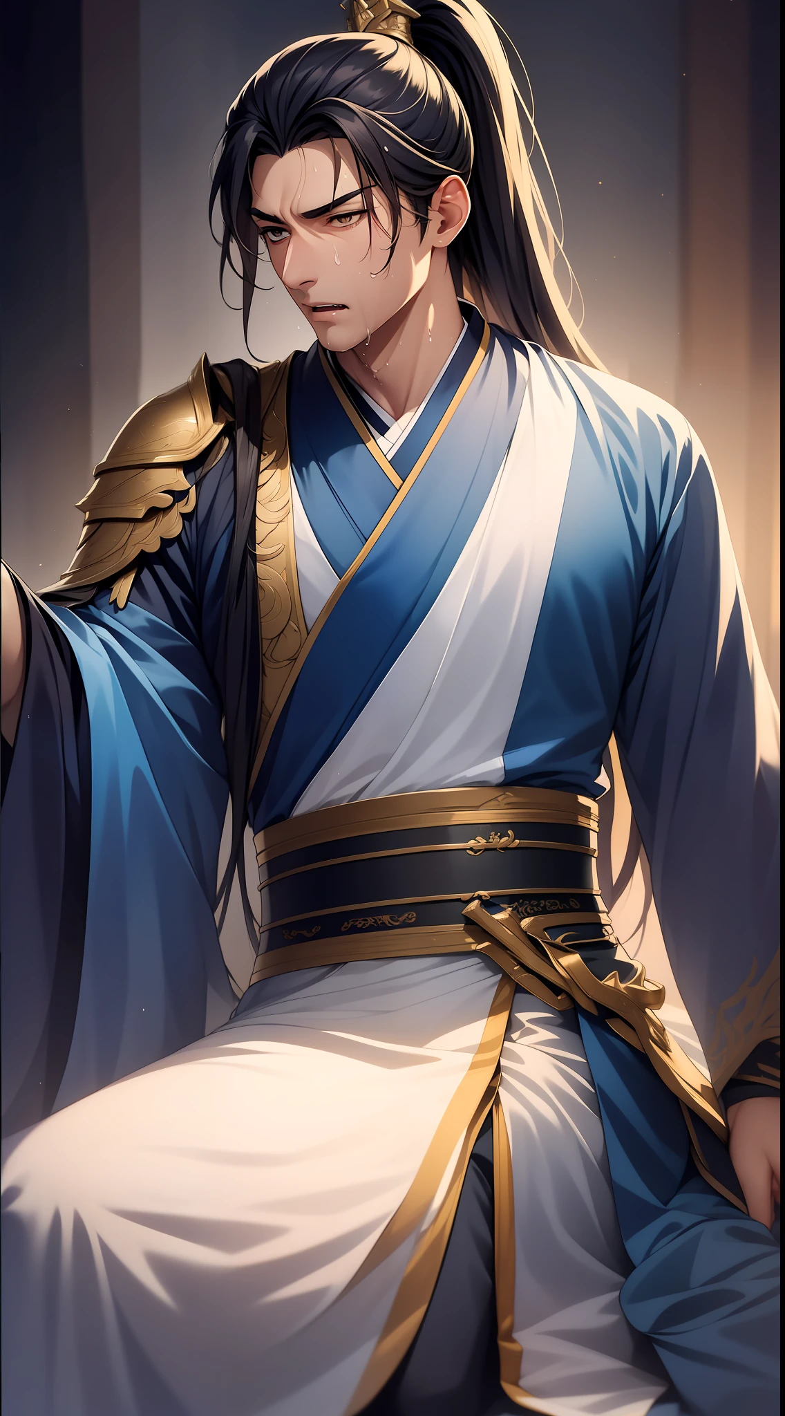quadratic element,style of anime,mtu(Male Warrior),musculature,The proportions are correct,Face details,swordsmen,High ponytail hairstyle,perspired,Sweat on the face,drools,Neck details,There is an Adam's apple,Get wet,Drenched,Black Hanfu,kaftan,Embroidered robes,Black robe,clothes details,Handing over,longer sleeves,Game quality,Swordsmanship,Light and shadow tracking,Ray traching,detailed glow,cg render,hair detail,cabelos preto e longos,Golden eyes,Sweat on the face,Handsome,Handsome,Beads of sweat slipped down my neck,(juvenile sense),Clothing is complicated,Drenched,Get wet,Perfectcomposition,Refinement,high qulity,higher details,Lots of details,The background is complex,a sense of atmosphere,