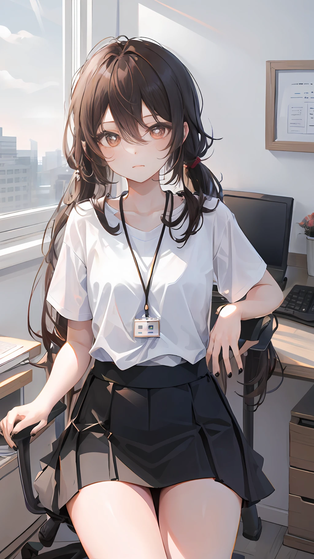 hu tao， 1girll， 独奏， （（white  shirt））， black thighhigns，， 校服， office backdrop， a black skirt， pleatedskirt， office room， hair between eye， with brown eye， Flower pupils， long whitr hair， looking at viewert， brunette color hair， Short brown nails， 独奏， upper legs，  long whitr hair， （（tmasterpiece））， Sat down， a chair， Study desk， Computer on the desk， name badge， ID tags， inside in room， Blushlush， sexyposture，（long twintail）），short- sleeved，