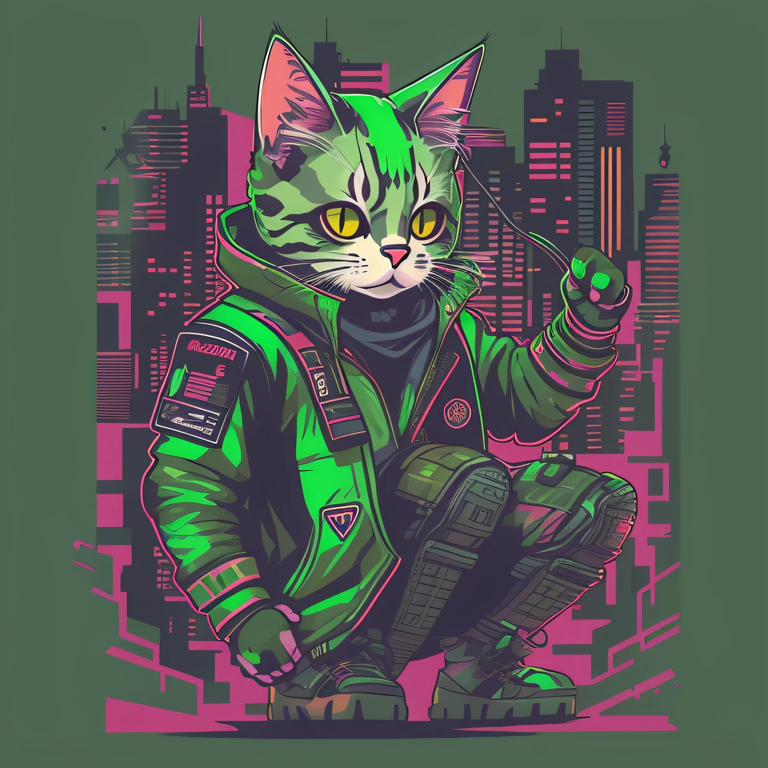 cat mascot cyberpunk style, t-shirt design, super cute, 2d, vector, flat